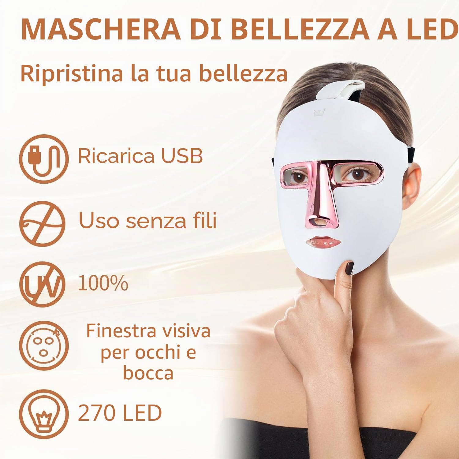 Maschera per terapia con luce rossa a LED, dispositivo per terapia con luce a fotoni infrarossi per il trattamento dell'acne, rassodamento della pelle, anti-età, levigazione di rughe e linee sottili