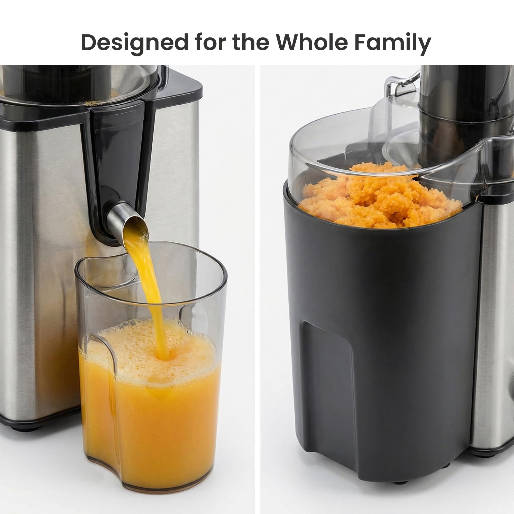 AFRA Presse-agrumes centrifuge 400 W – Extracteur électrique de jus de fruits et légumes avec 2 vitesses et impulsion, goulotte d'alimentation de 65 mm, récipient à pulpe de 1 l, pichet à jus de 550