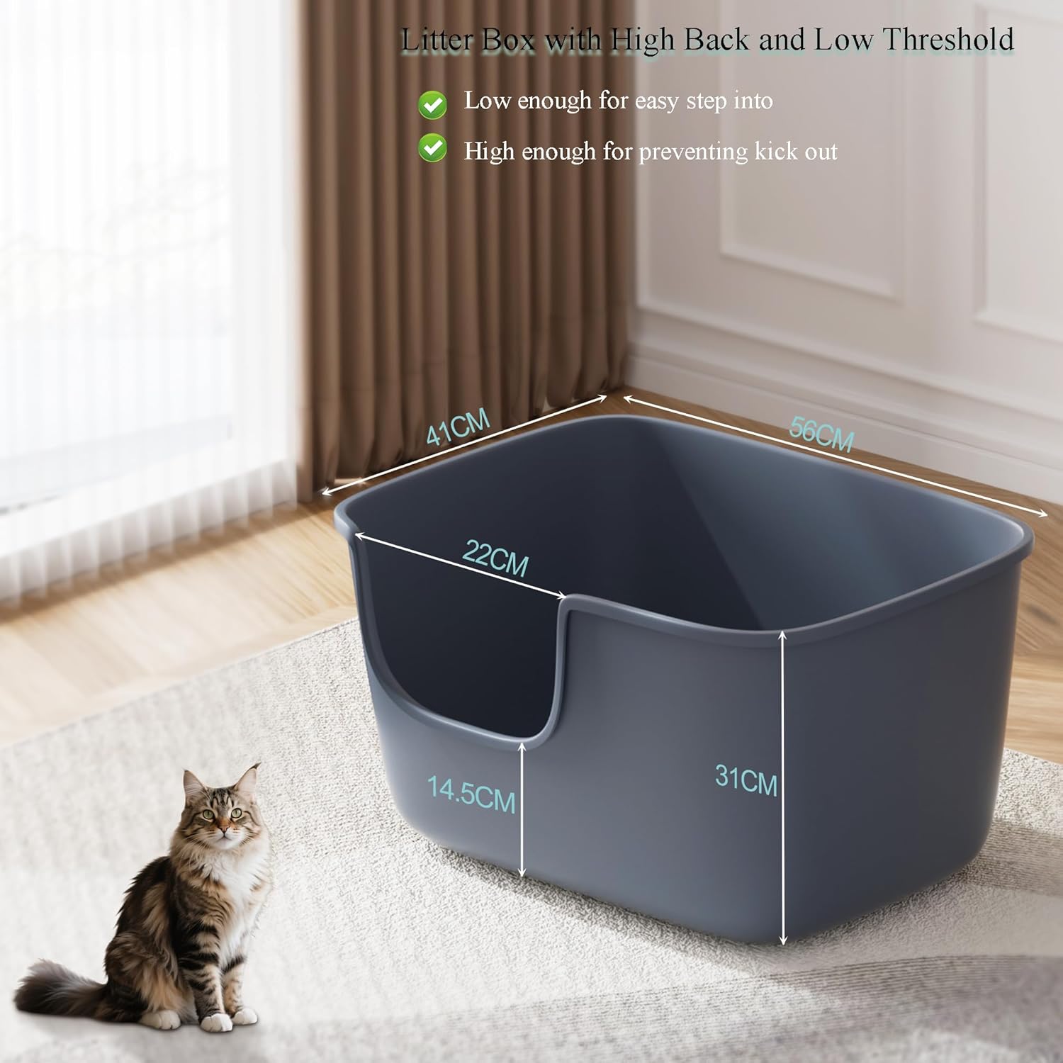 Vealind Large High Sided Cat Litter Box for Indoor Cats 22.2"×14.9"×12" Tall Litter Boxes with High Back Deep Wall XL Kitty Litter Boxes (Grey)