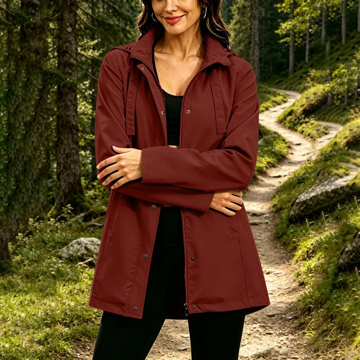 Womens Long Hooded Rain Jacket Waterproof Outdoor Hiking Raincoat | Windbreaker Lightweight Trench Coats Trench Coats Windbreaker Trenchcoats Basic Fashion Clothes Clothing