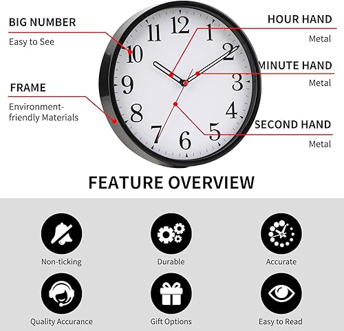Miniatura 4 de Paquete de 2 relojes de pared con pilas, color negro, silencioso, pequeño, moderno, analógico, reloj de pared que no hace tictac para cocina,