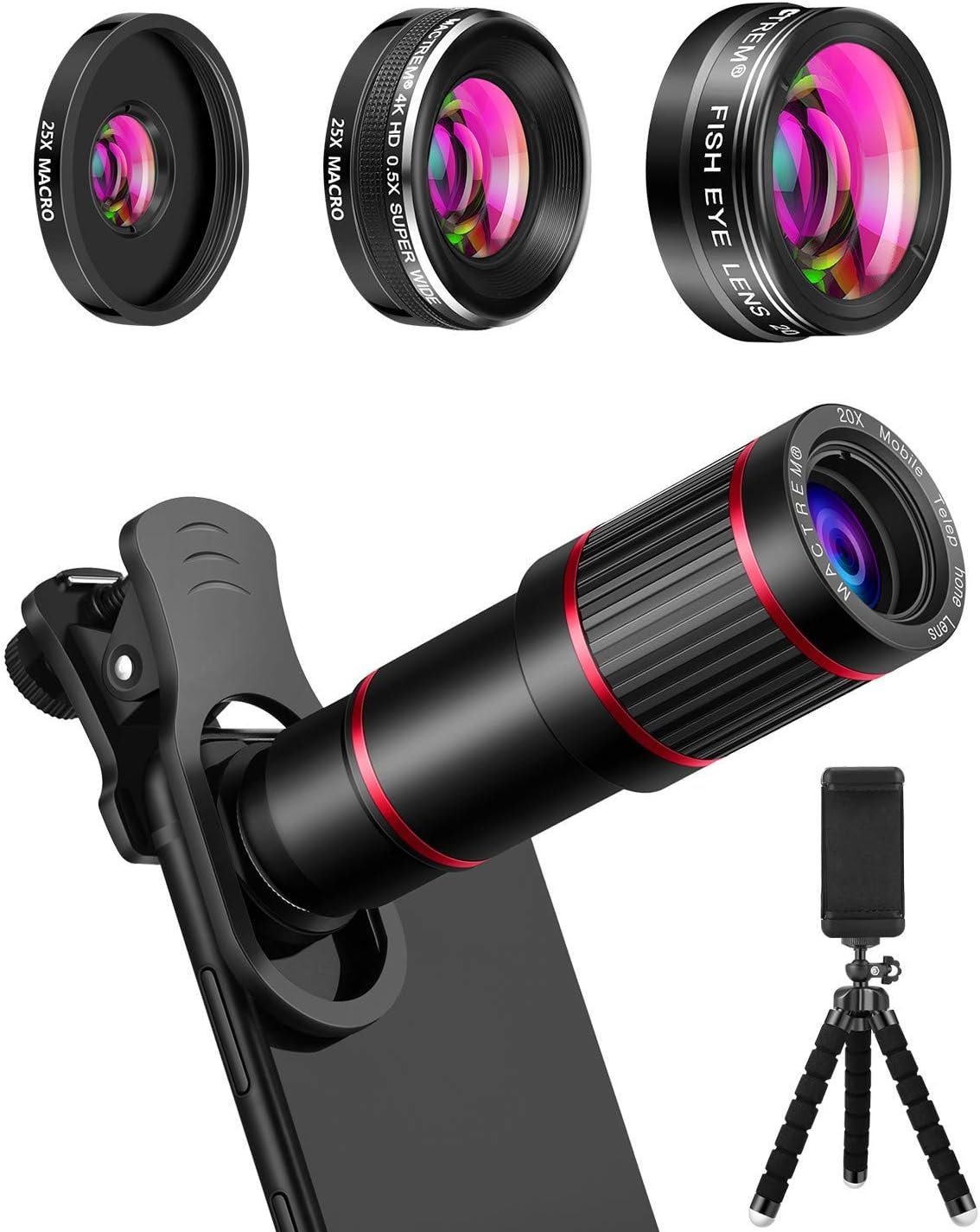 MACTREM Phone Camera Lens Phone Lens Kit 4 in 1, 20X Telephoto Lens, 205° Fisheye Lens, 0.5X Wide Angle Lens & 25X Macro Lens(Screwed Together), Compatible with iPhone 8 7 6 6s Plus X XS XR Samsung