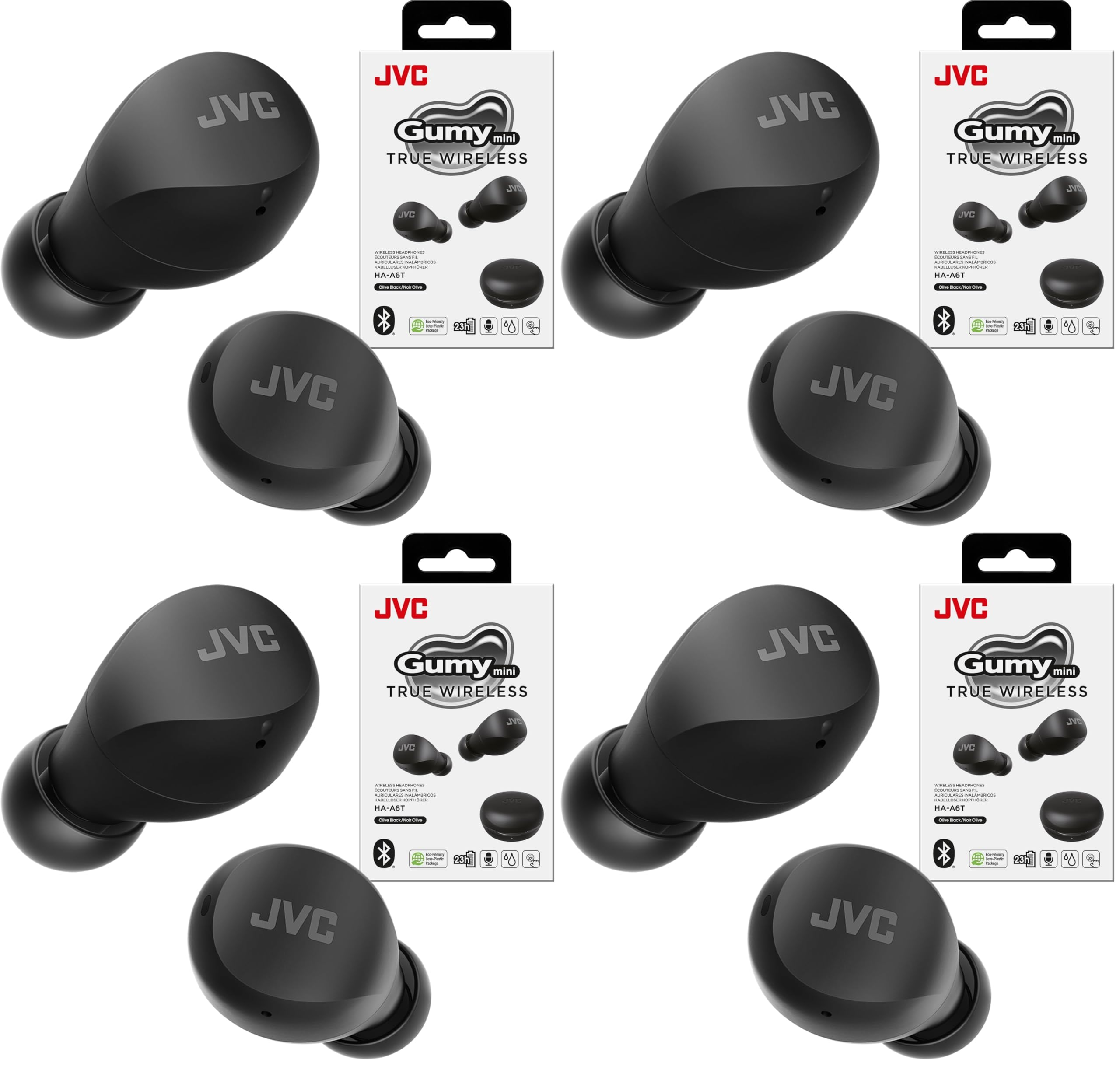 JVC Compact and Lightweight Gumy Mini True Wireless Earbuds Headphones, Long Battery Life (up to 23 Hours), Sound with Neodymium Magnet Driver, Water Resistance (IPX4) - HAA6TB (Black) (Pack of 4)