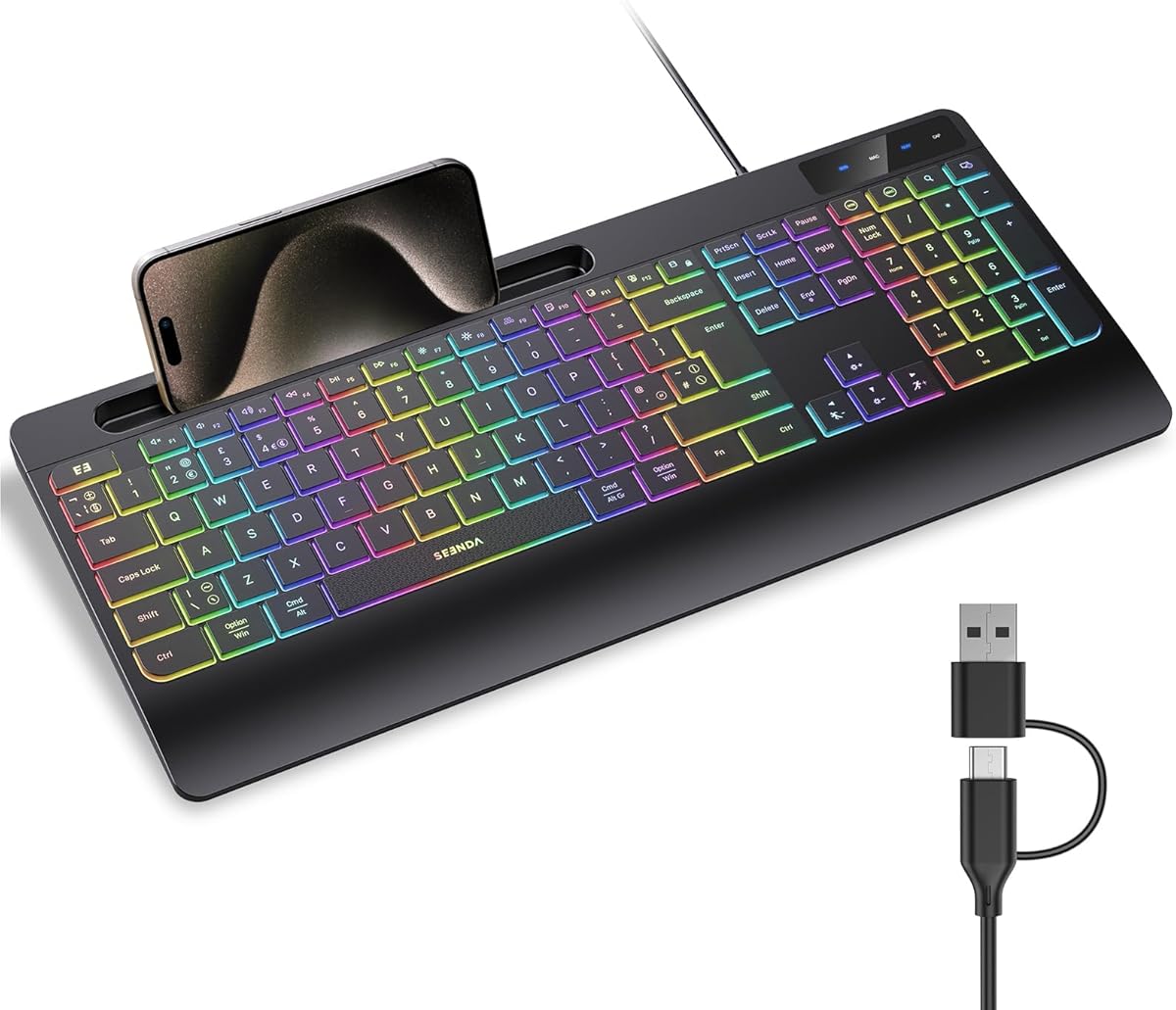 Seenda KOE200 Wired Quiet Backlit Keyboard, RGB Backlight with Phone Holder and Palm Rest, Compatible with Windows and macOS, 2-in-1 USB & USB-C Connector for PC, Laptop, MacBook, iMac – Black