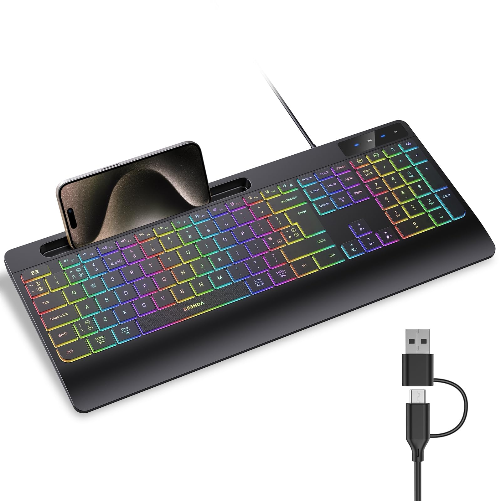 Seenda KOE200 Tastiera cablata RGB retroilluminata silenziosa con supporto per telefono e supporto palmare per sistemi Windows e Mac OS, connettore USB e tipo C 2 in 1 per PC, laptop, computer MacBook