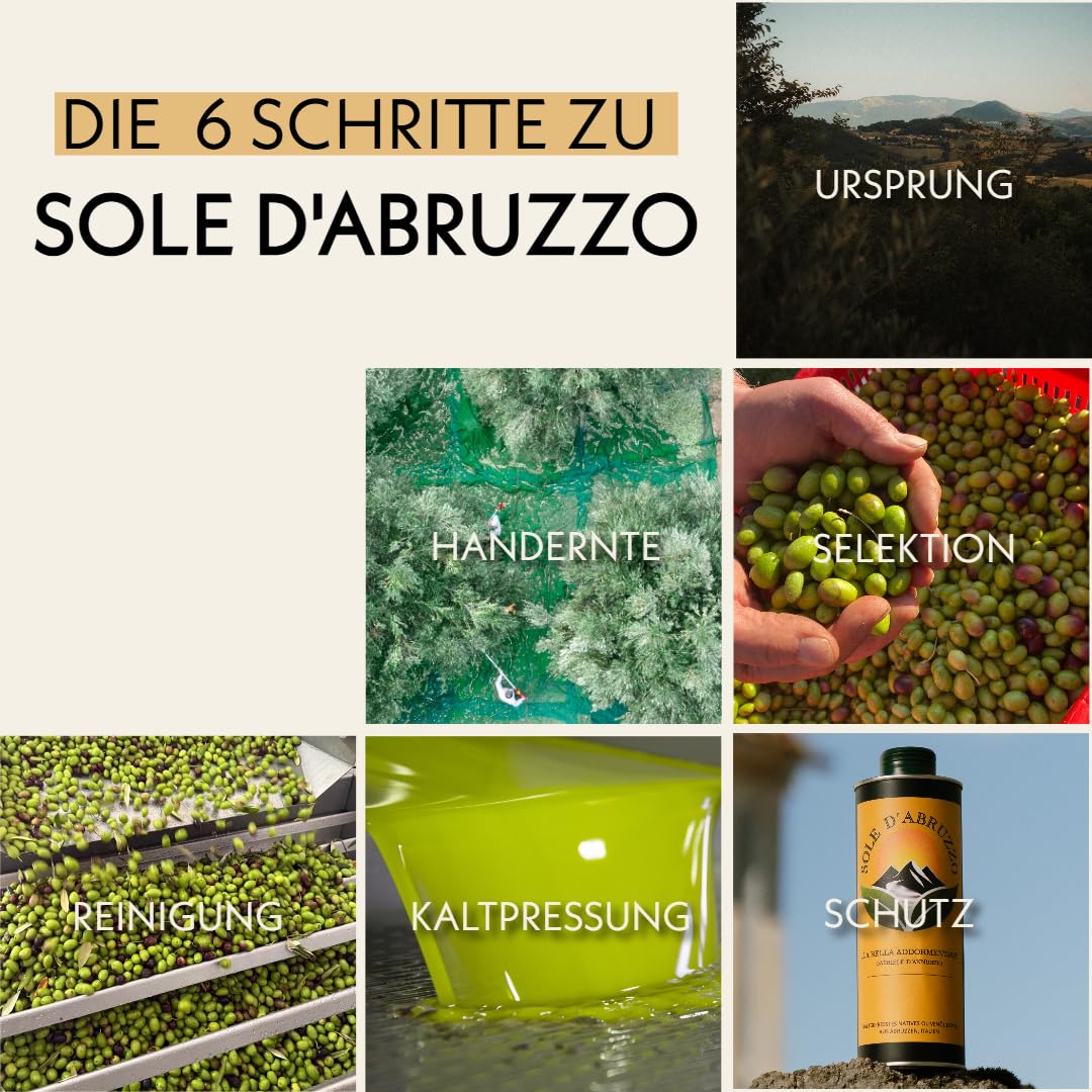 SOLE D'ABRUZZO Premium Olivenöl Nativ Extra aus Italien (0,16% Säure) – Handgeerntet in den Abruzzen – Kaltgepresst & Polyphenolreich – frische Ernte 2025/26 – 500ml