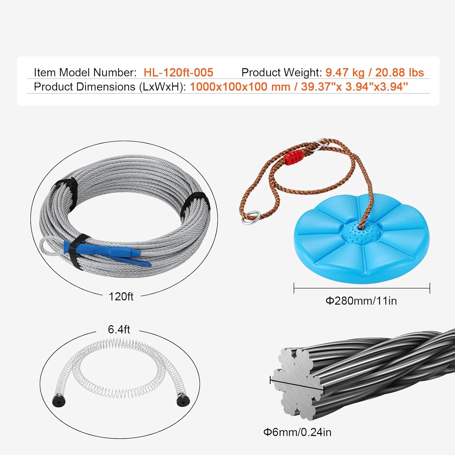 Happybuy 120 ft Zipline Kit for Kids & Adults, 500 lb Capacity, Backyard Playground Zip Line with Stainless Steel Spring Brake, Safety Harness, Quick Setup