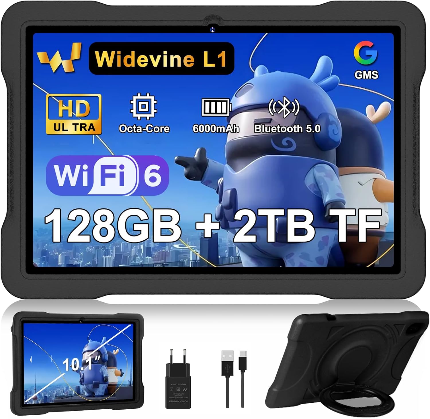 Tablet 10 Inch Android with 5G WiFi 6, Octa-Core, 20GB RAM + 128GB ROM (TF 2TB), Widevine L1, Educational IWawa App, 6000mAh, Bluetooth 5.0, 1280 x 800, GMS, 2026 Latest Tablet with Eva Case – Black