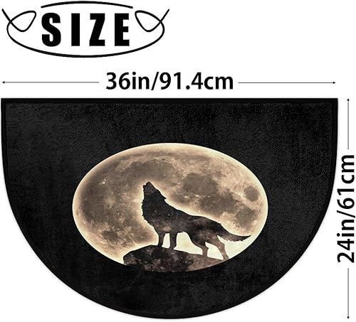Miniatura 2 de PuseTaer Tapete semicircular con diseño de lobo y luna, diseño vintage de animales, antideslizante, duradero, lavable, para interiores y exteriores,