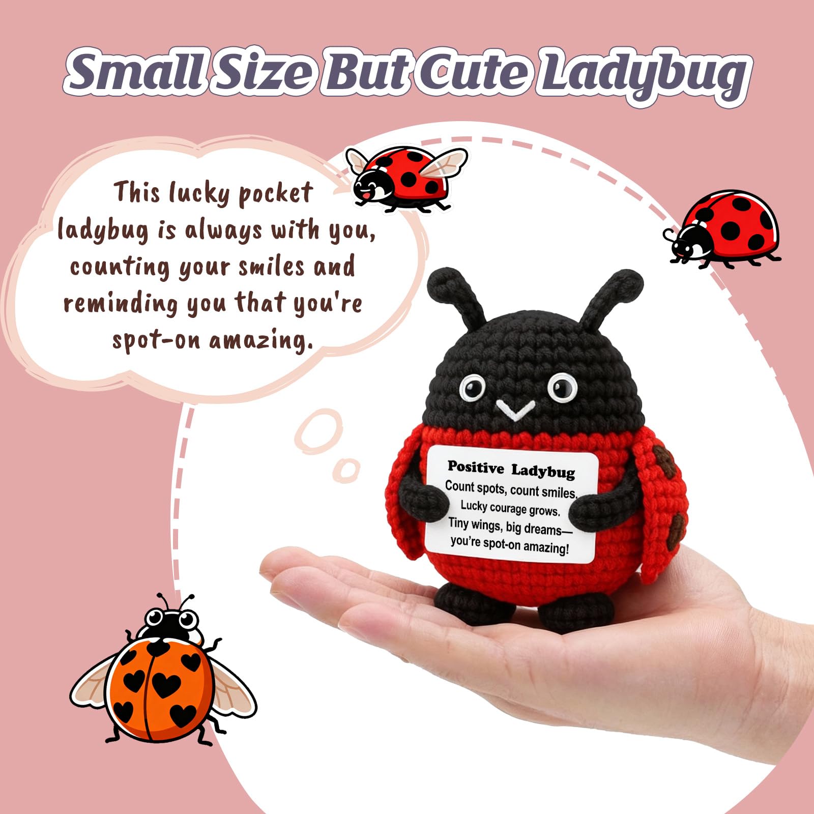 Positive Lucky Gift – Mini Crochet Ladybug Plush with Message Card, Handmade 3-Inch, Kawaii Desk Locker Decor, Year-Round Encouragement