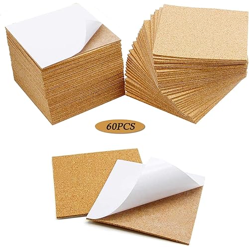 60Pcs Self Adhesive Cork Squares, MOTASOM 4 x 4 Inch Strong Cork Adhesive Sheets, Reusable Cork Board Cork Backing Sheets, Mini Wall Cork Tiles Mat for Coasters and DIY Crafts