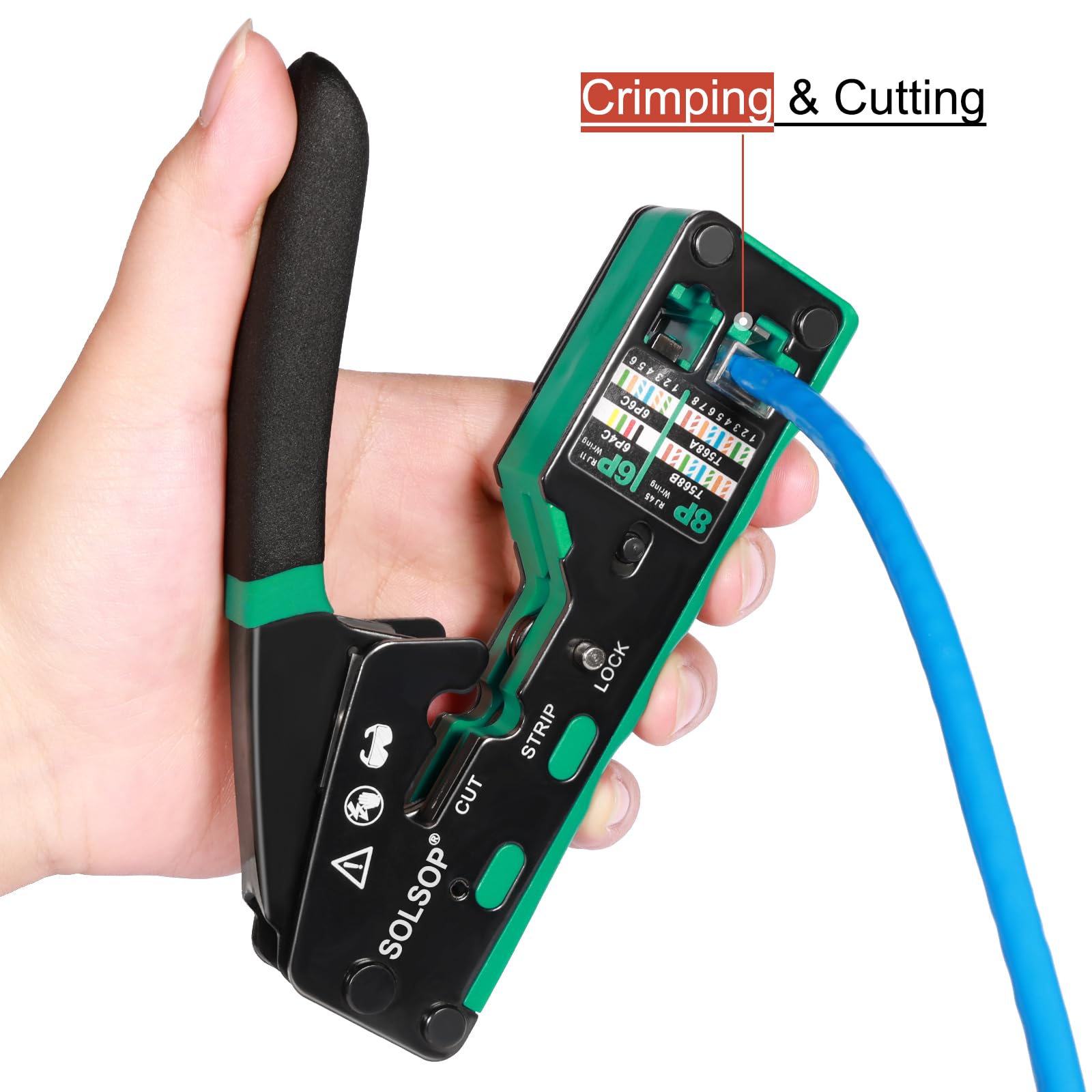 Solsop Pinza crimpatrice RJ45 passante, Cat6, per connettore Cat5, Cat5e, Cat6, 8P8C, strumento di crimpatura RJ45 tutto in uno e tester LAN