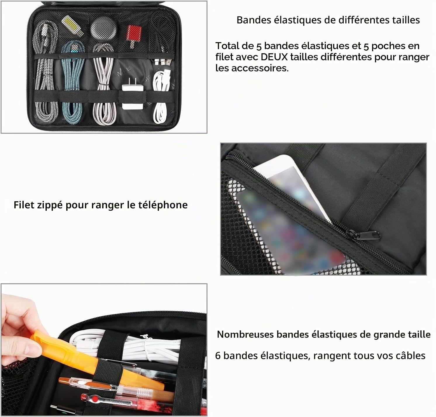 MATEIN Sac Organisateur de Câbles, 2 Couches Noir pour Téléphone Portable, iPad, Chargeur, Alimentation Mobile - Rangement Portable