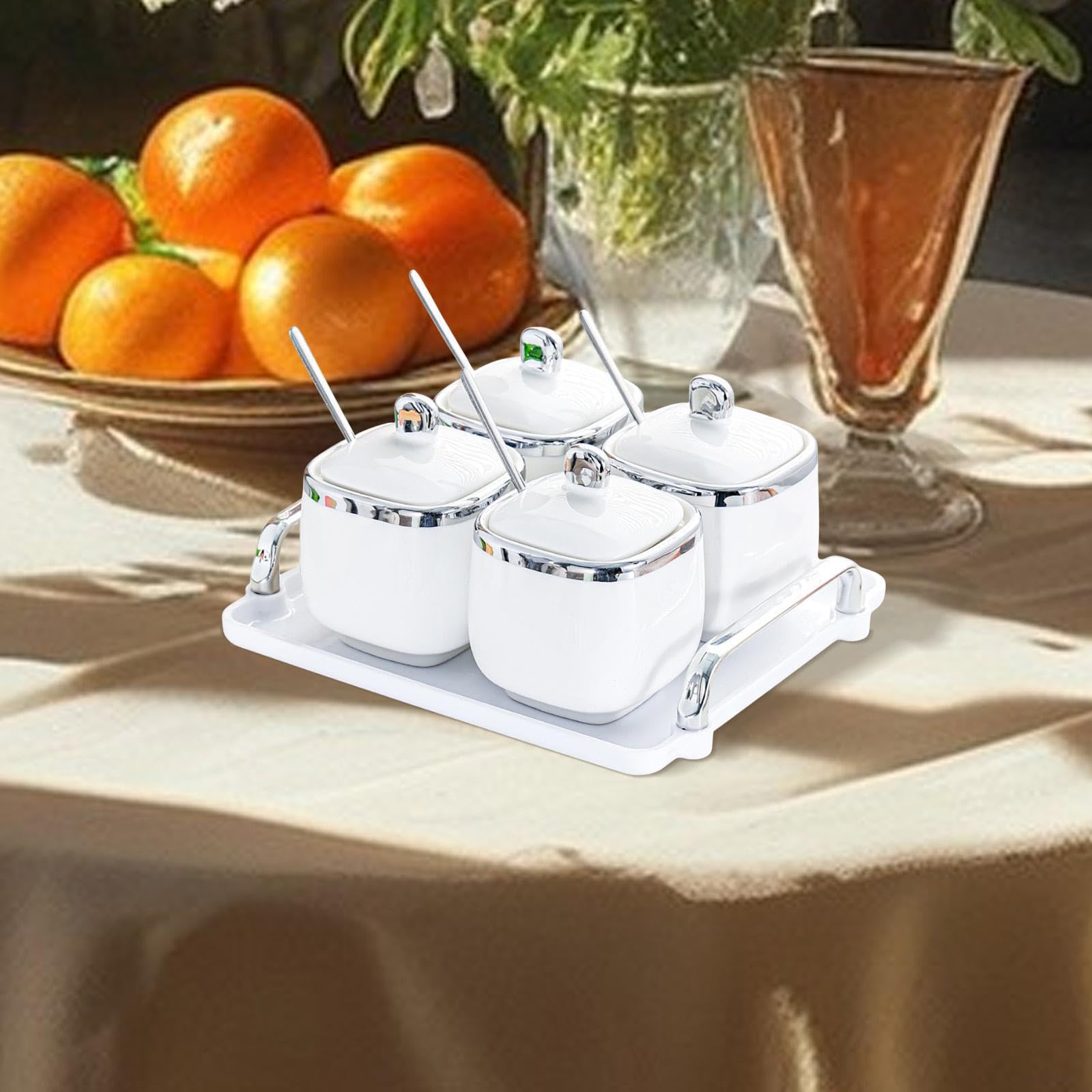 Pot à épices en céramique pour bonbons, noix et fruits secs, avec plateau amovible et large ouverture anti-poussière. Idéal pour les restaurants, Argent, 4 pot