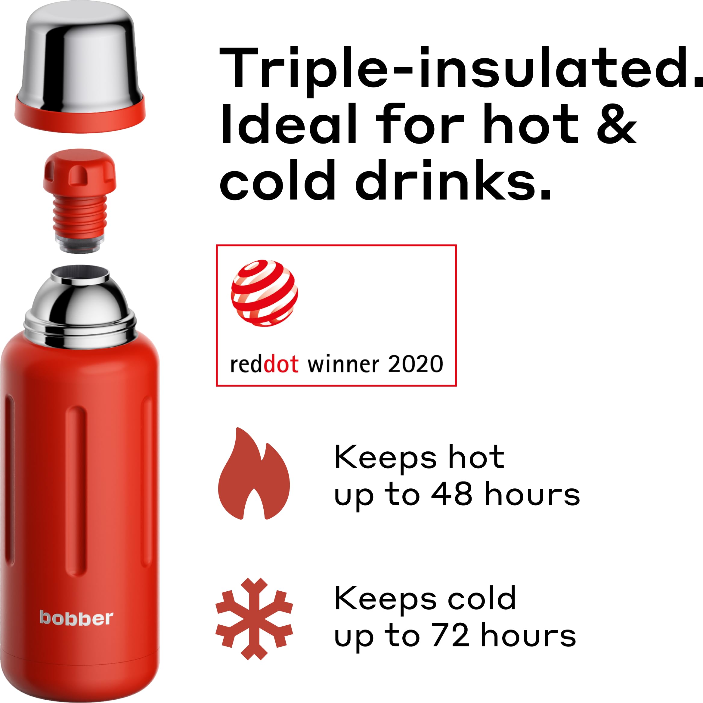 BOBBER 1000 ml Edelstahl Thermoflasche für heißen Tee, Kaffee und kalte Getränke – BPA-frei, spülmaschinenfeste, vakuum-isolierte Wasserflasche für heiße Getränke – Hält 48 Stunden lang heiß (Rot)