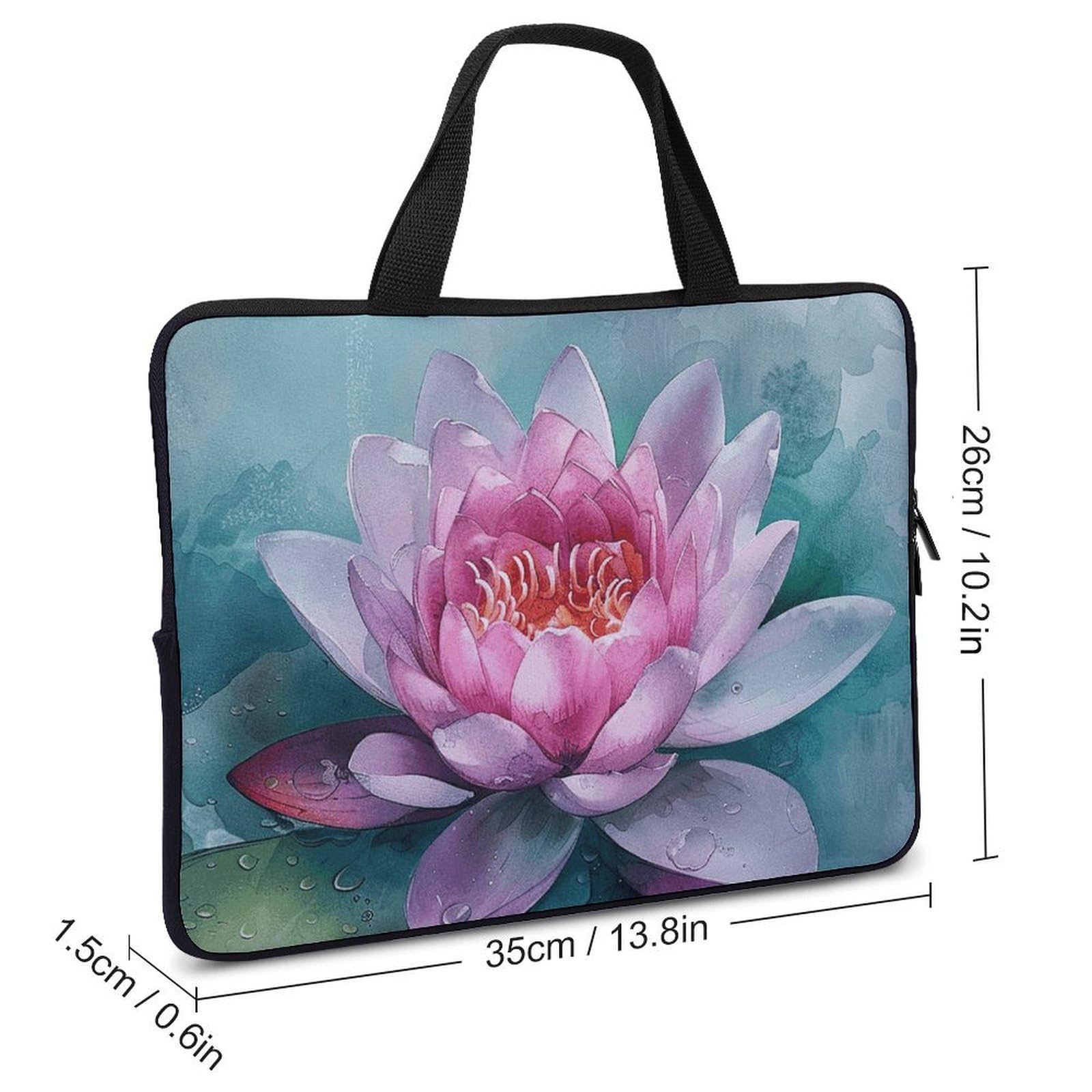 Borsa per computer portatile da 13 pollici, ultra sottile, impermeabile, con fiori di ninfea, con cinghia da polso