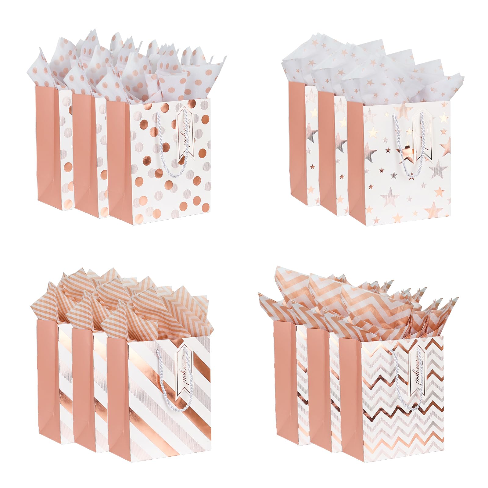 Dimetey Geschenktüten Set – 12 Stück, Mittelgroß (23x18x10 Cm), Silberfarben, Mit Griffen & Seidenpapier
