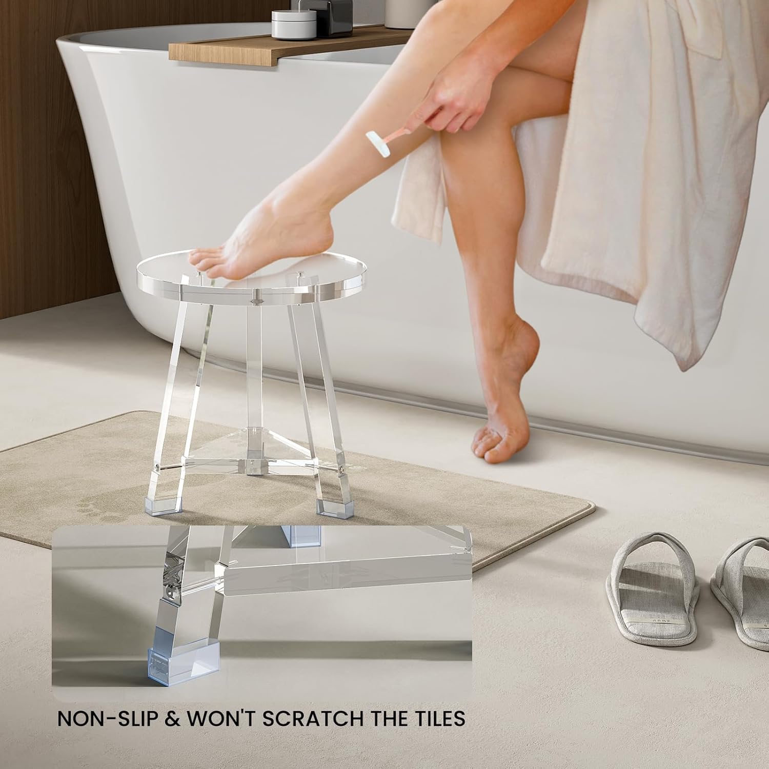 Sumerflos Acrylic Round Corner Shower Stool for Inside Shower - Clear Shower Bench for Shaving Legs Heavy Duty (Hold Up to 400lbs) Waterproof Non-Slip Easy Assemble Modern Clear-acrylic 11.81" x 11.81" x 12.2"