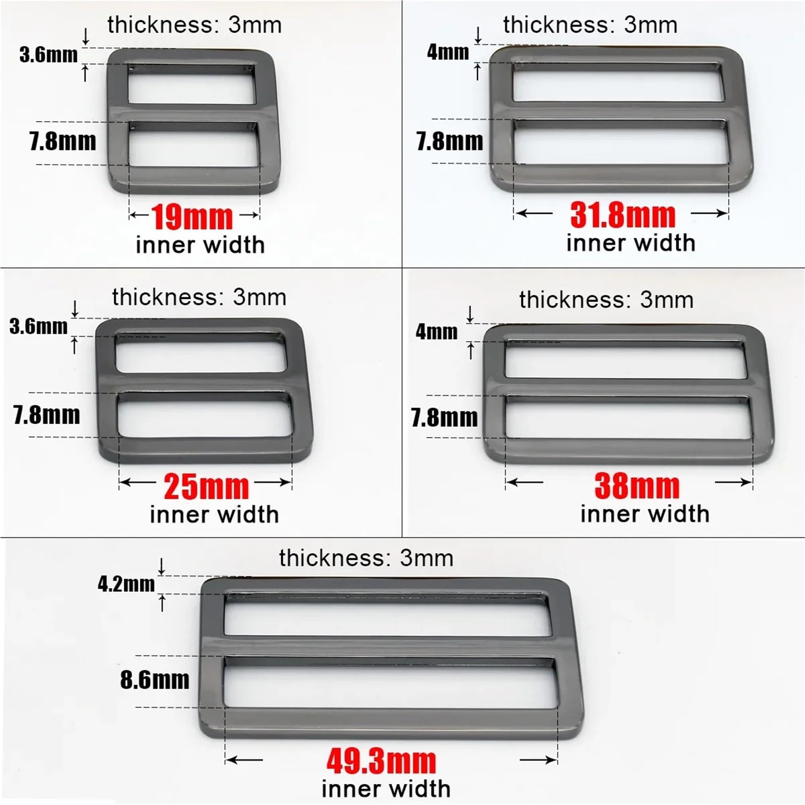 Hebillas de cinturón de 15 piezas de hebilla de metal Tri-Glide, deslizador cuadrado ajustable, artesanía de cuero, correa de bolsillo, correas de cincha, piezas