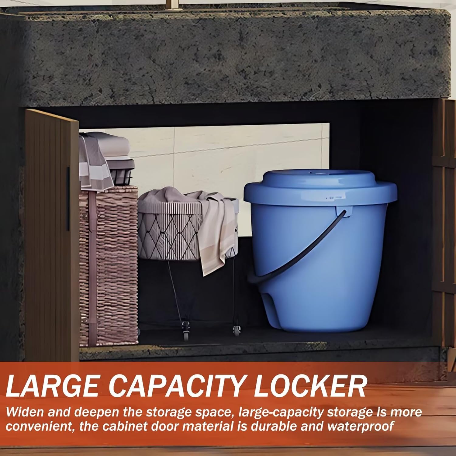 Outdoor Kitchen Cabinet - Kitchen Cabinet with Countertop Includes Black Textured Rock Countertop & Wood Grain Grille Door,Outdoor Table Includes Two Integrated Sinks(59.05IN)