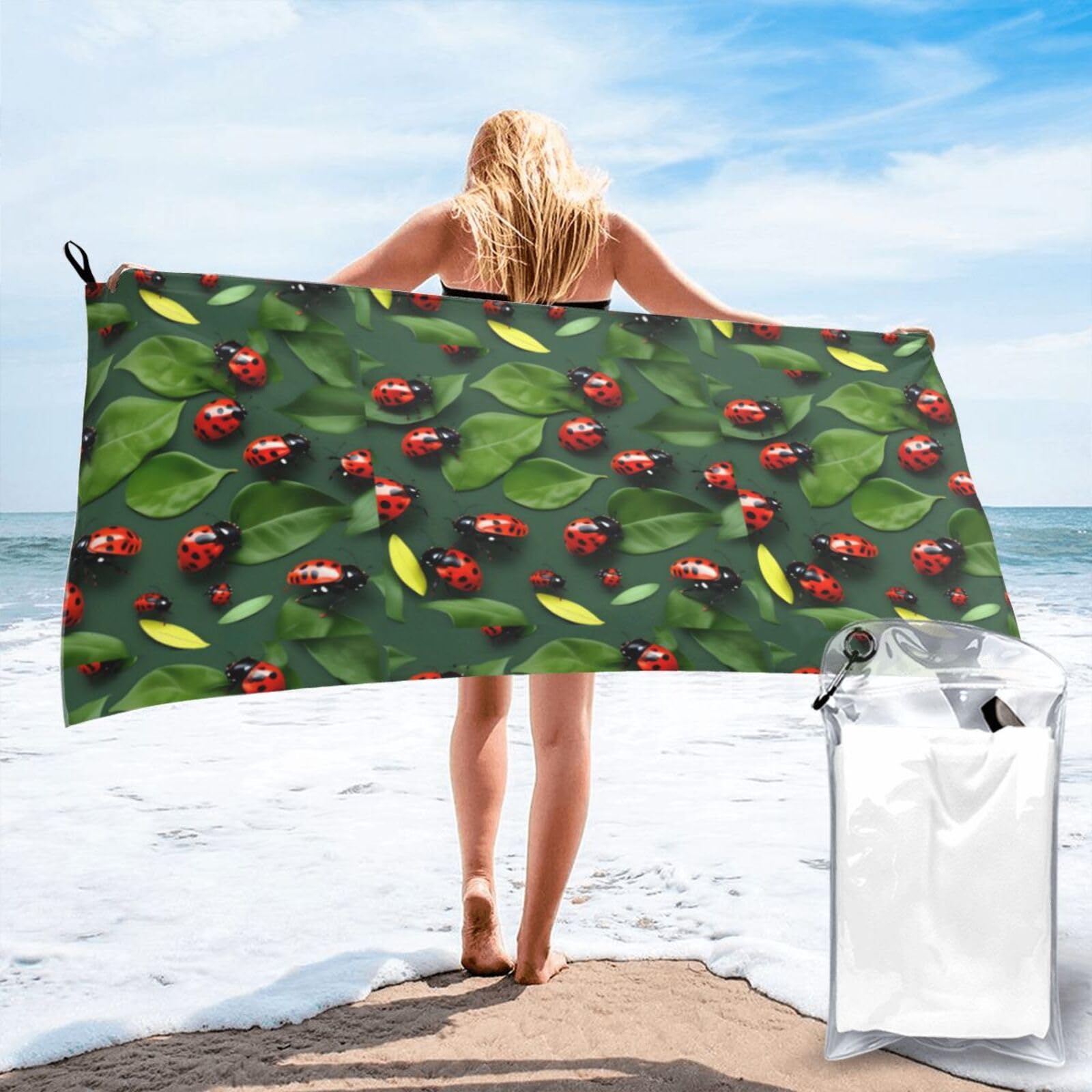 Jiuty White Leaves And Ladybug Print Fast Dry Beach Towel Portable For Swimming Travel Gym Hiking Gift