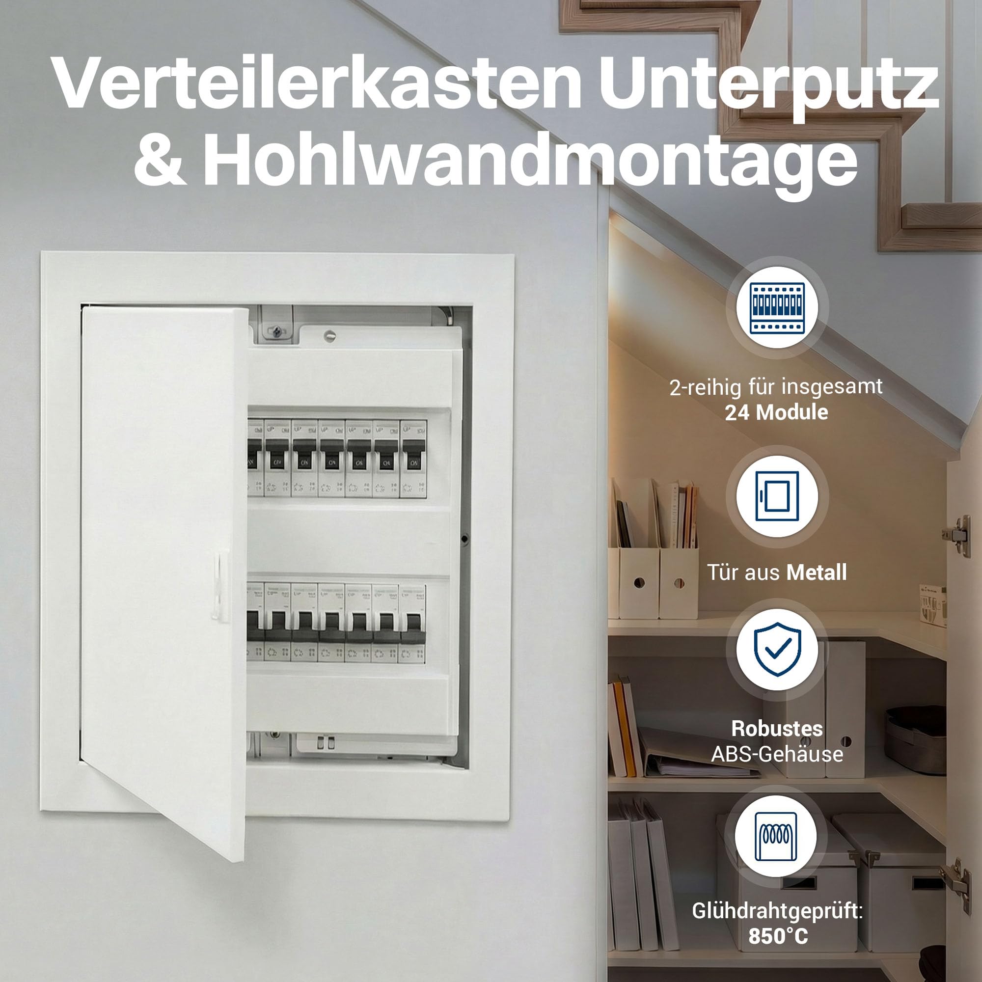 Intratec Sicherungskasten Unterputz 2 reihig – Unterputz & Hohlwand Verteilerkasten IP40 für 24 Module mit weißer Tür und Hutschiene einfache Elektroinstallation Zuhause & Gewerbe – 442 x 346 x 94mm