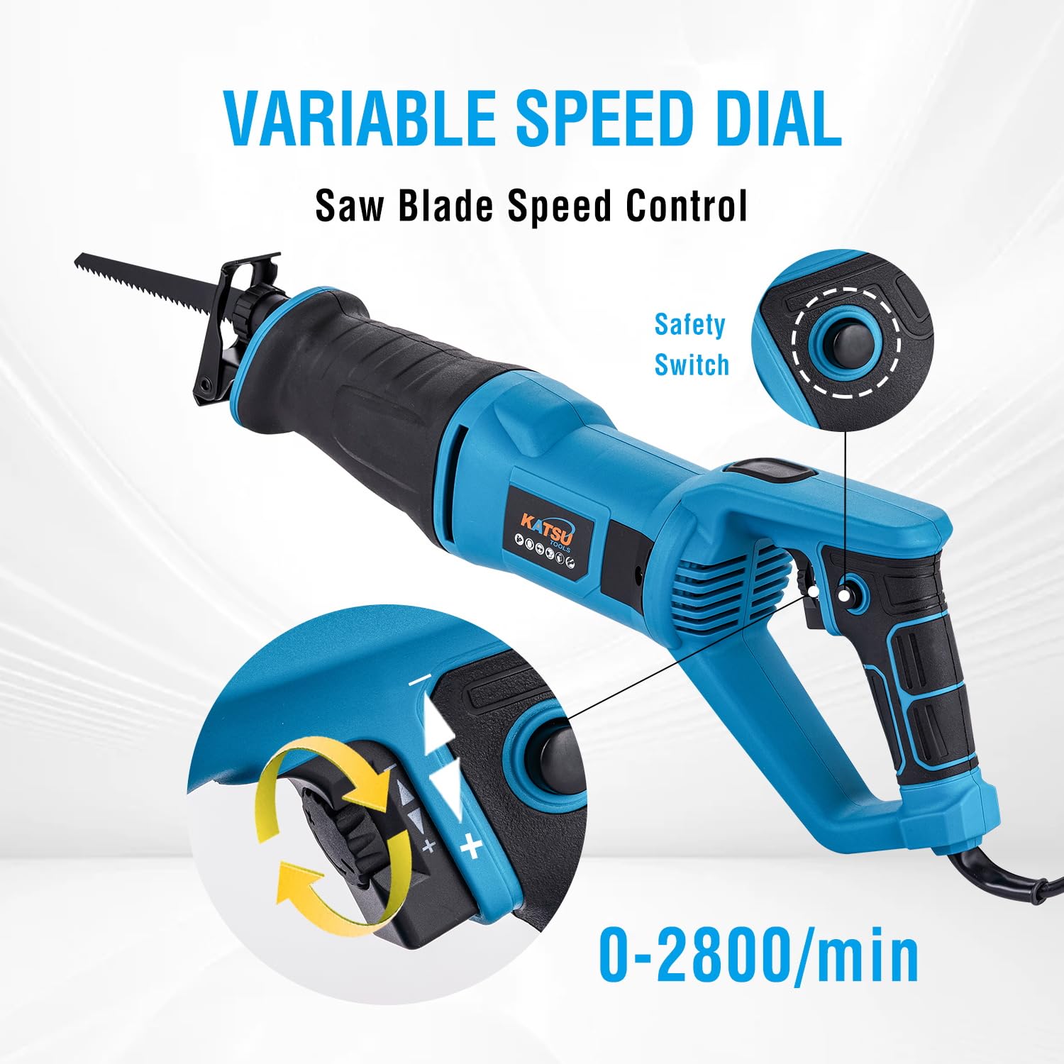 KATSU Tools Sierra alternativa de 750 W, carrera de 20 mm, 2800 rpm, velocidad variable, sierra de sable eléctrica con cable para cortar madera, metal y PVC