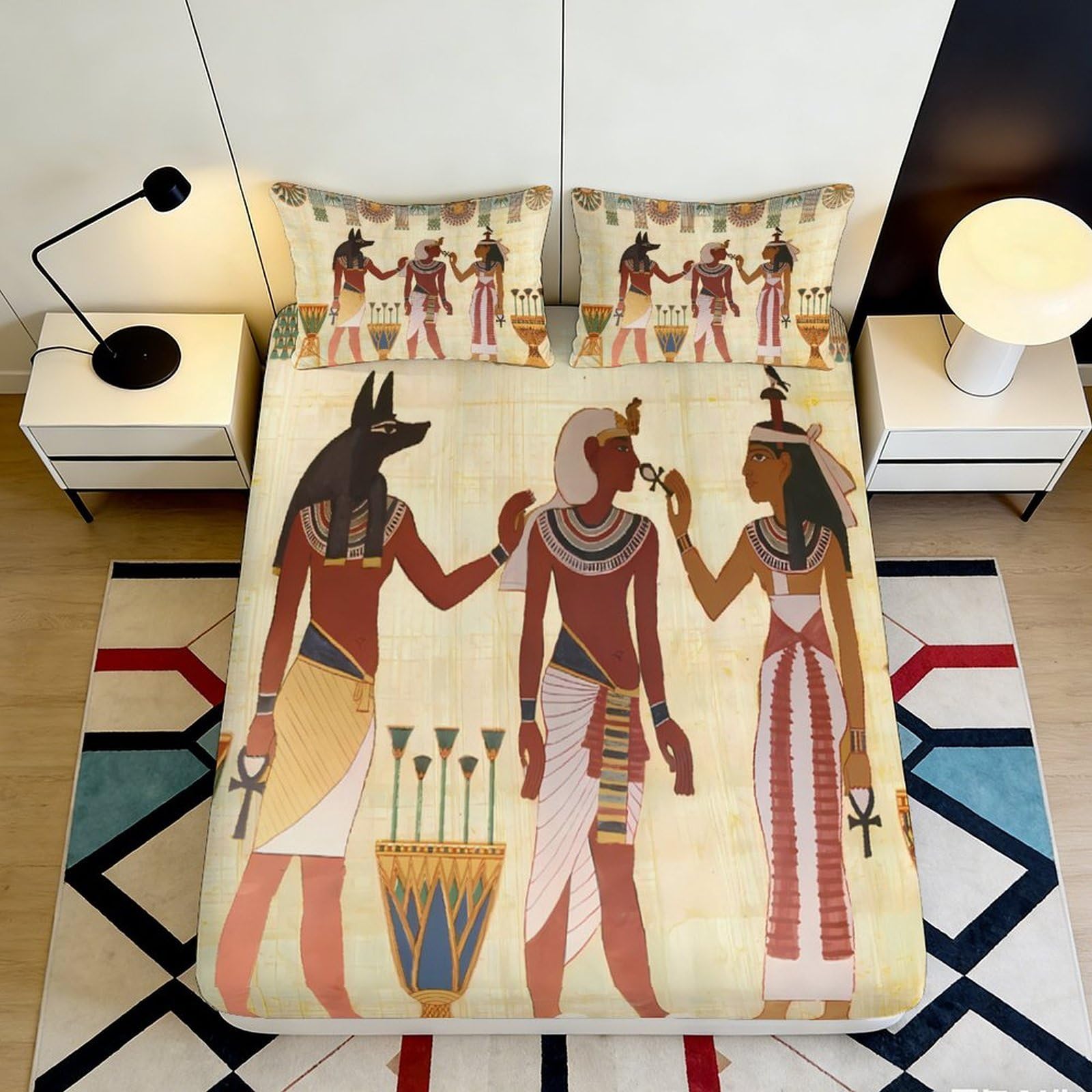 3D Printed Egyptian Deities Fitted Sheet Microfiber Soft Ancient Pharaoh Bed Cover for Bedroom Guest Room Decor 90x200x25cm