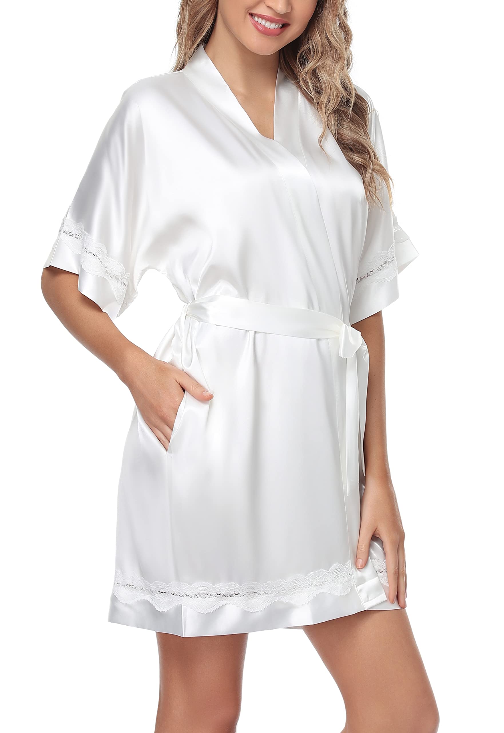 The Bund Silk Robes for Women Bride Bridesmaid Lace Sexy Lingerie Robe Satin Soft Silky Bathrobe Sleepwear White