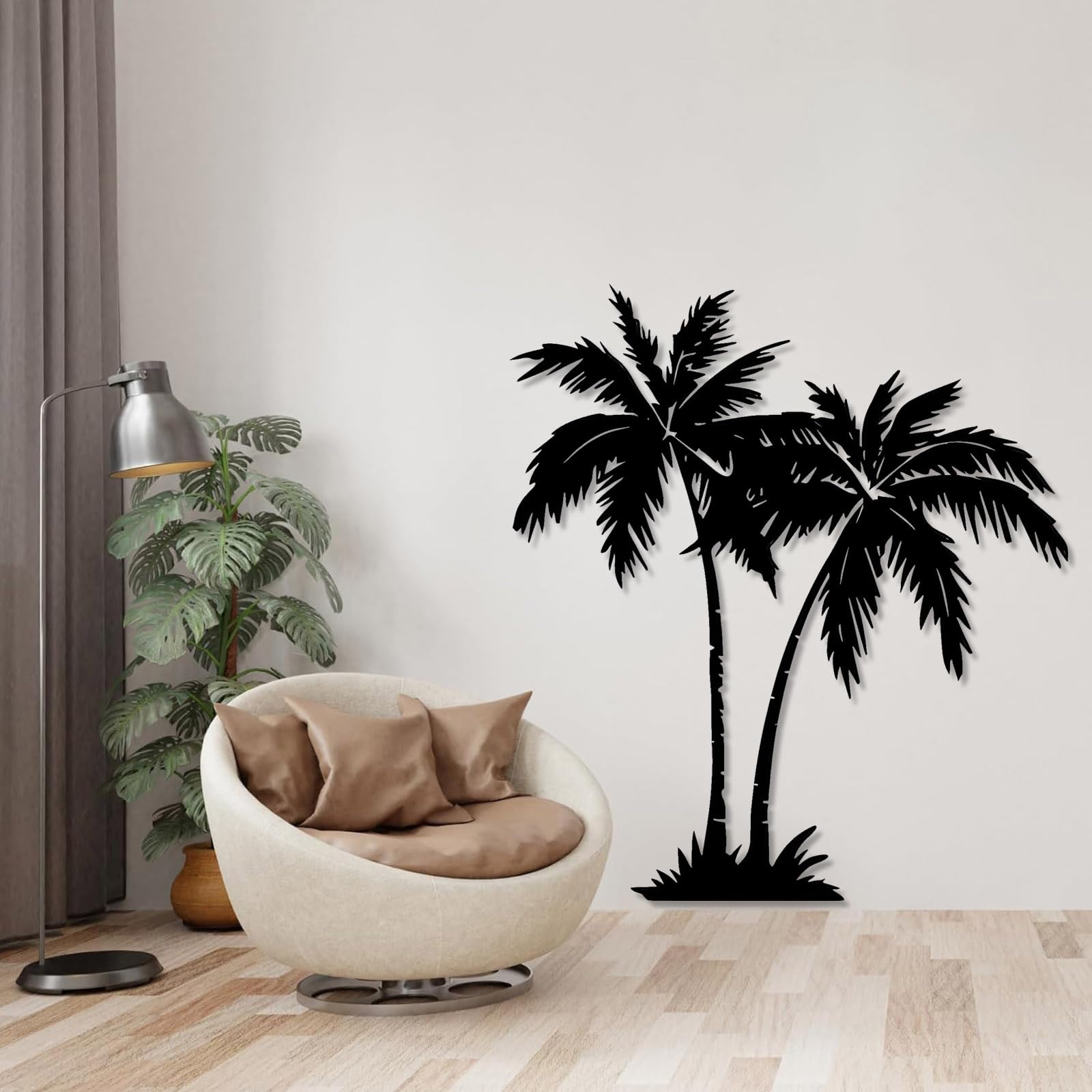 Generico Decoración de pared abstracta contemporánea de Metal con palmeras tropicales, Arte playero, casa de hojas costeras, para exteriores (81 x 90 cm, Blanco)