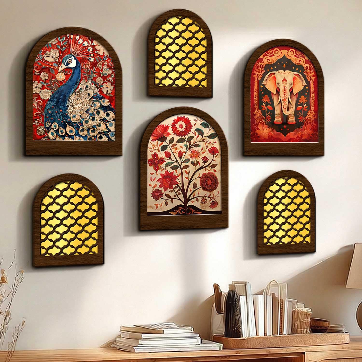 Jharokha MDF Mirrors Home Decoration Items | Traditional Wall Decor Items for Living Room | Mirror Wall Hanging | Home Decor Items for Bedroom Office Set of 6 (9x12 inch & 7.5x9.5 inch)-image-26
