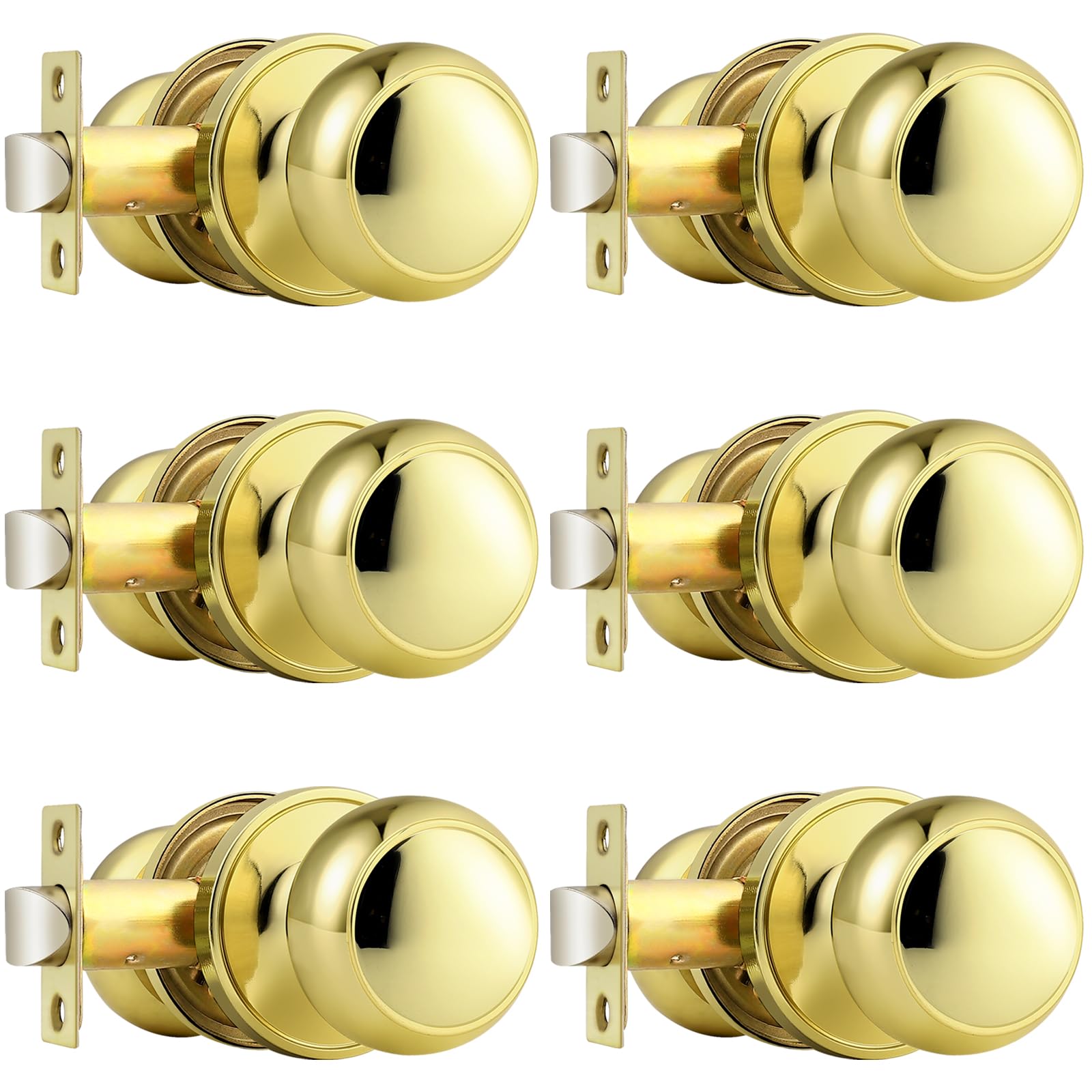 Probrico Passage Door Knobs Polished Brass Interior Hall/Closet Door Handles Keyless Locksets, 6 Pack