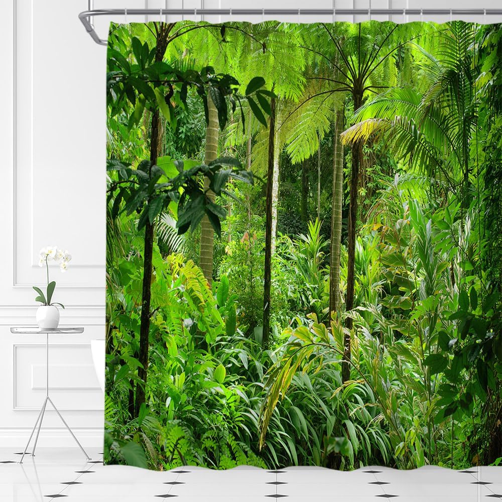 Jungle Shower Curtain Tropical Rainforest Plam Leaf Forest Tree Plant Nature Summer Fabric Bathroom Decor Set with Hooks,(70" Wx84 H)