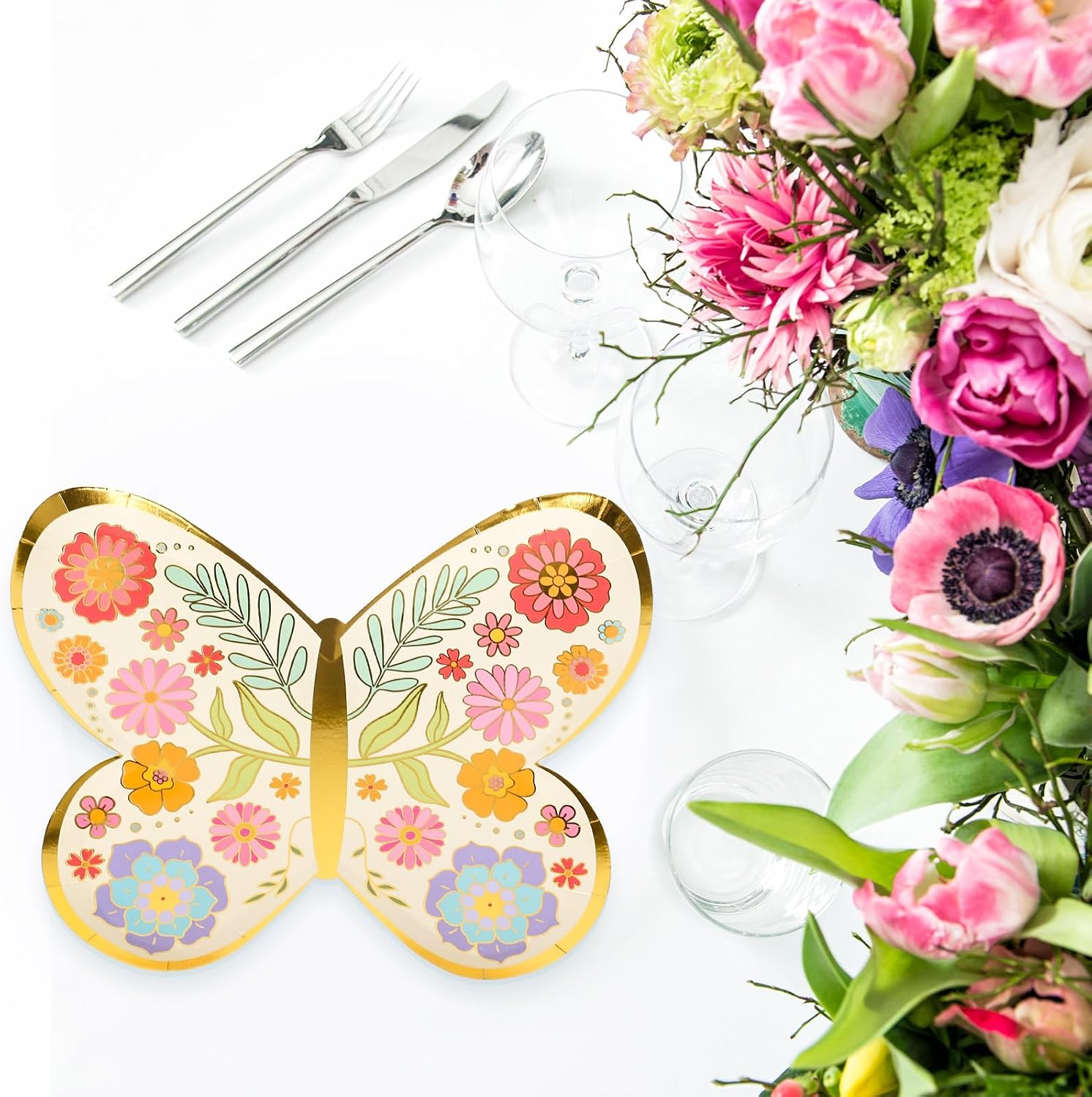 FYSUIMU 24 Pcs Floral Butterfly Paper Plates 10 x 8.1 inch Gold Foil Flower Disposable Plates Butterfly Shape Party Tableware for Spring Wedding Birthday Table Decor Supplies image 5