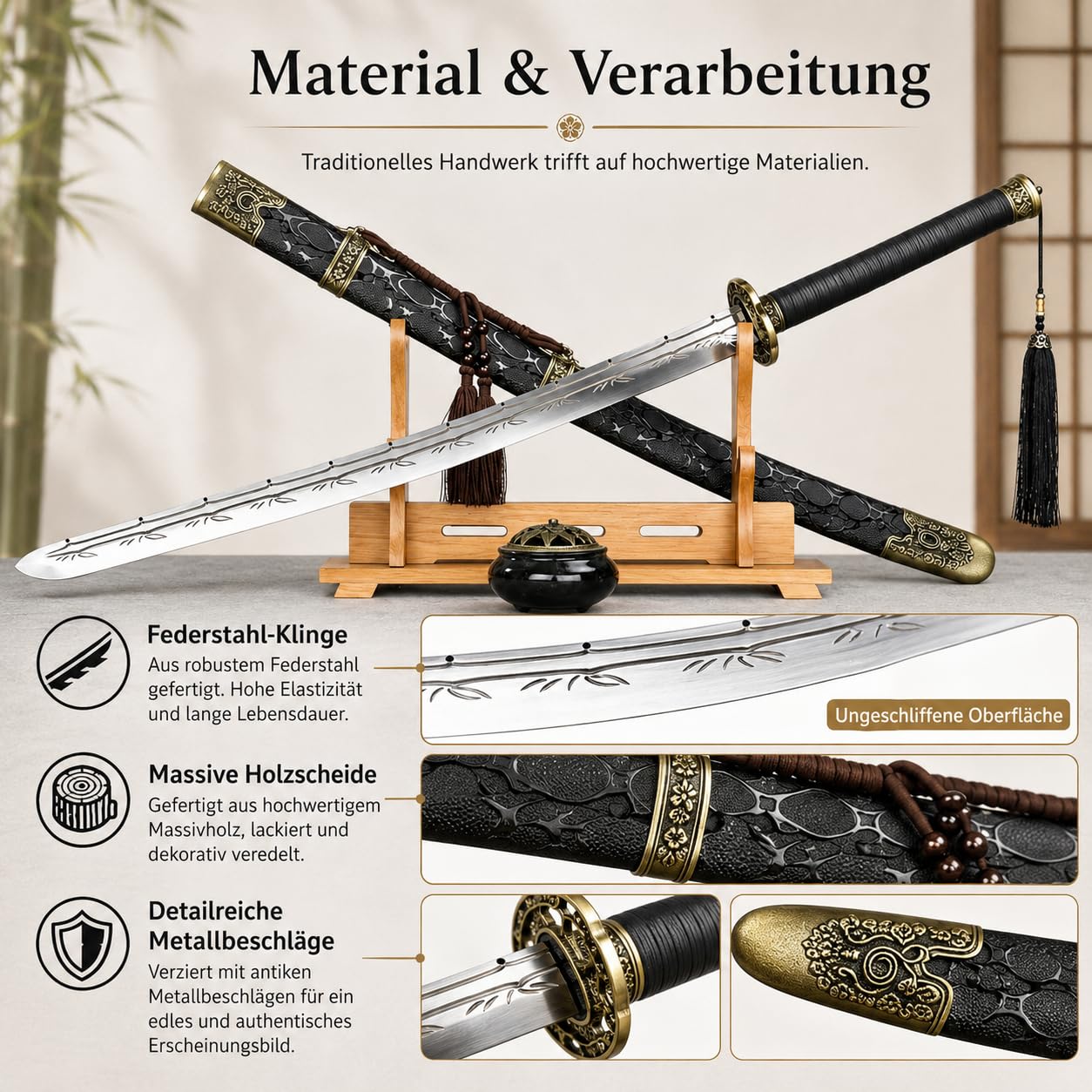 Katana Samuraischwert 104cm Nicht geschärft – Deko Schwert aus Edelstahl mit Bambusmuster, Schwarze Massivholz-Scheide, Japanisches Dekoschwert für Sammler, Cosplay & Geschenk