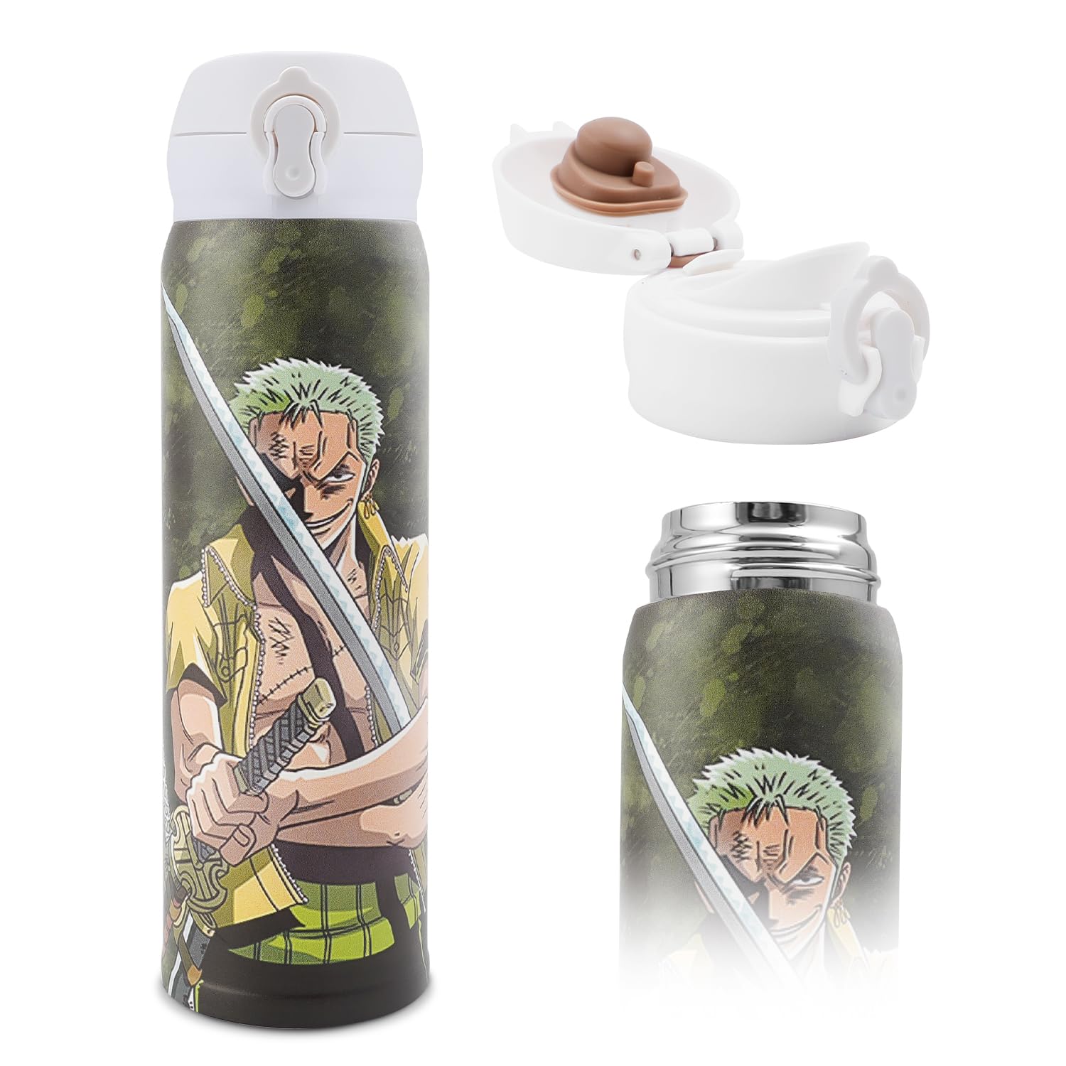 One Anime Piece Water Bottle, 16.9oz Vacuum Insulated Luffy Zoro Stainless Steel Cup Thermoses with Locking Cover Leak-Proof Design(BOT-piece B)