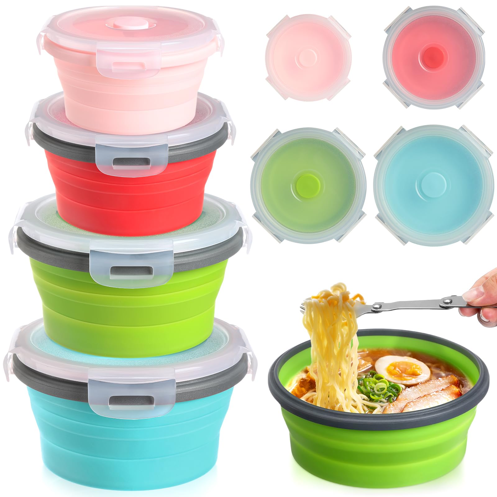 Suclain 4 Pcs Collapsible Bowls with Lids Silicone Camping Food Storage Container Expandable Folding Salad Lunch Box Travel Container for Hiking
