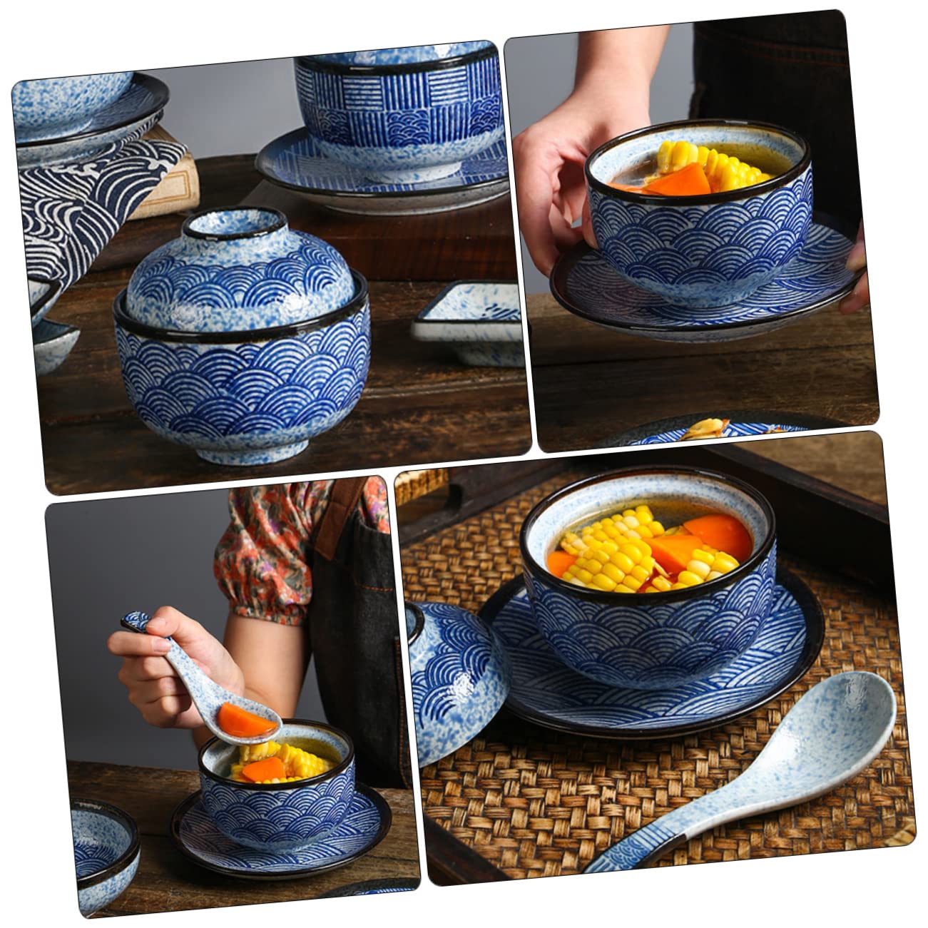 DOITOOL Lot de 2 cocottes en céramique - Bol à ramen avec couvercle - Bol à soupe japonaise - Bol à soupe - Riz Miso - Avec couvercle