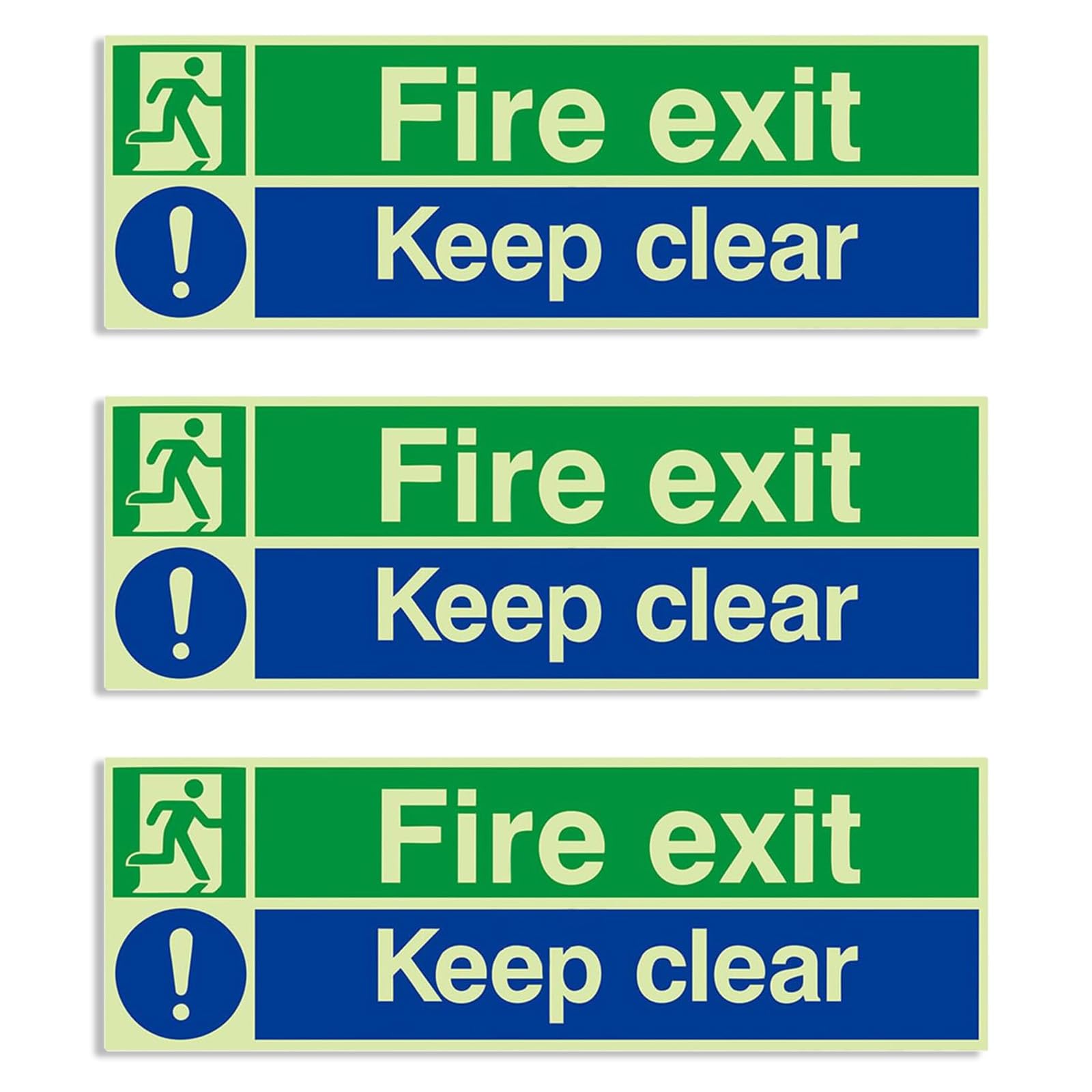 3 Pack Fire Exit Keep Clear Sign, 30x10cm Flexible Vinyl Glow in The Dark Safety Stickers, Self-Adhesive Peel & Stick Signs for Offices, Warehouses and Public Buildings