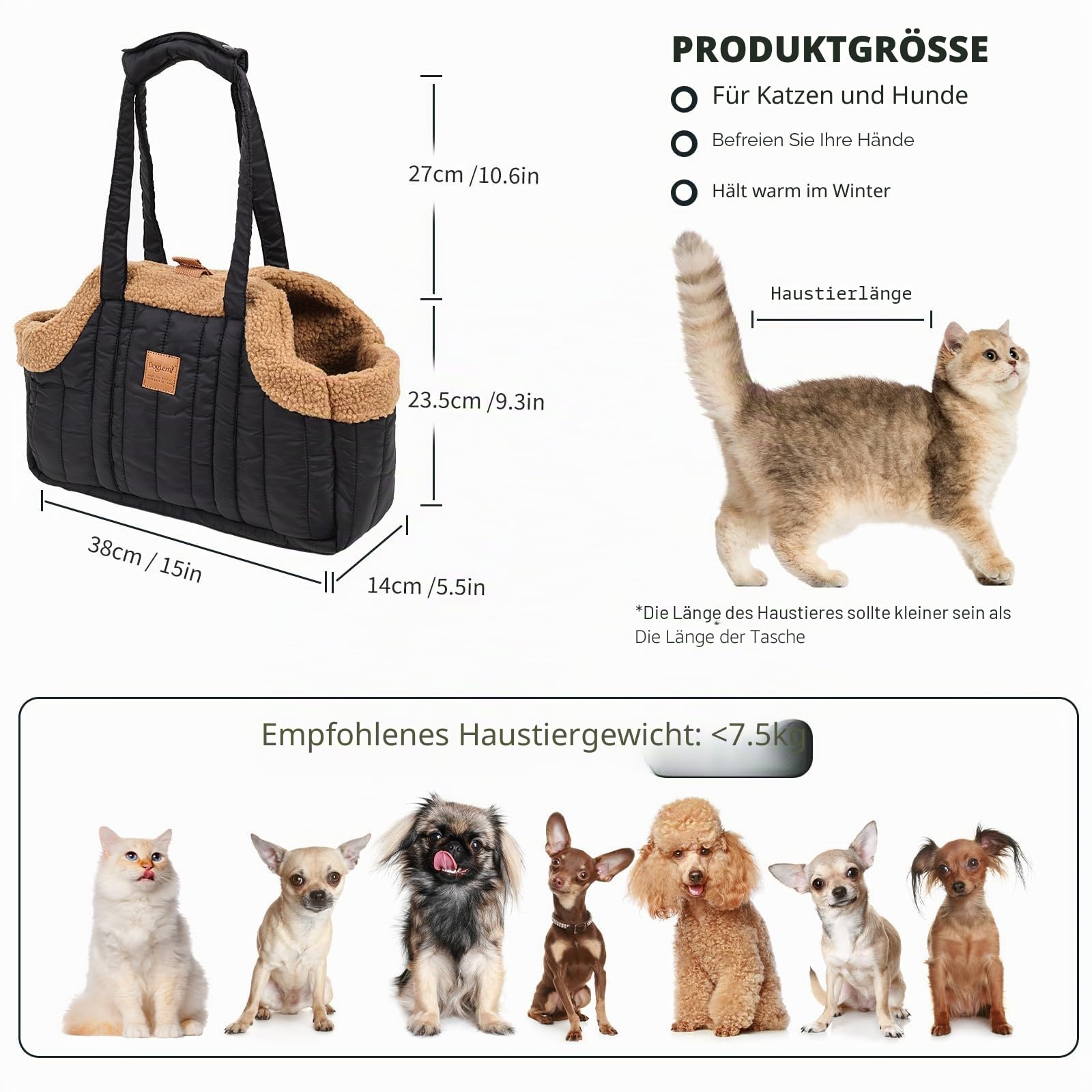 PETCUTE Tragetasche Hund und Katzen,Faltbare Warm Hundetragetasche Schultertasche mit Sicherheitshaken,Kopf heraus Welpentasche für Kleine Hunde Welpen Katzen
