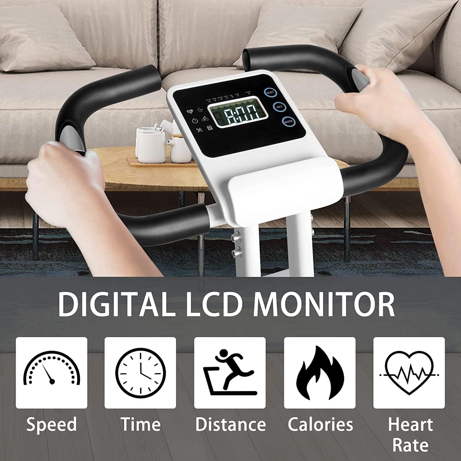 Image of the digital LCD monitor displaying speed, time, distance, calories, and heart rate icons.