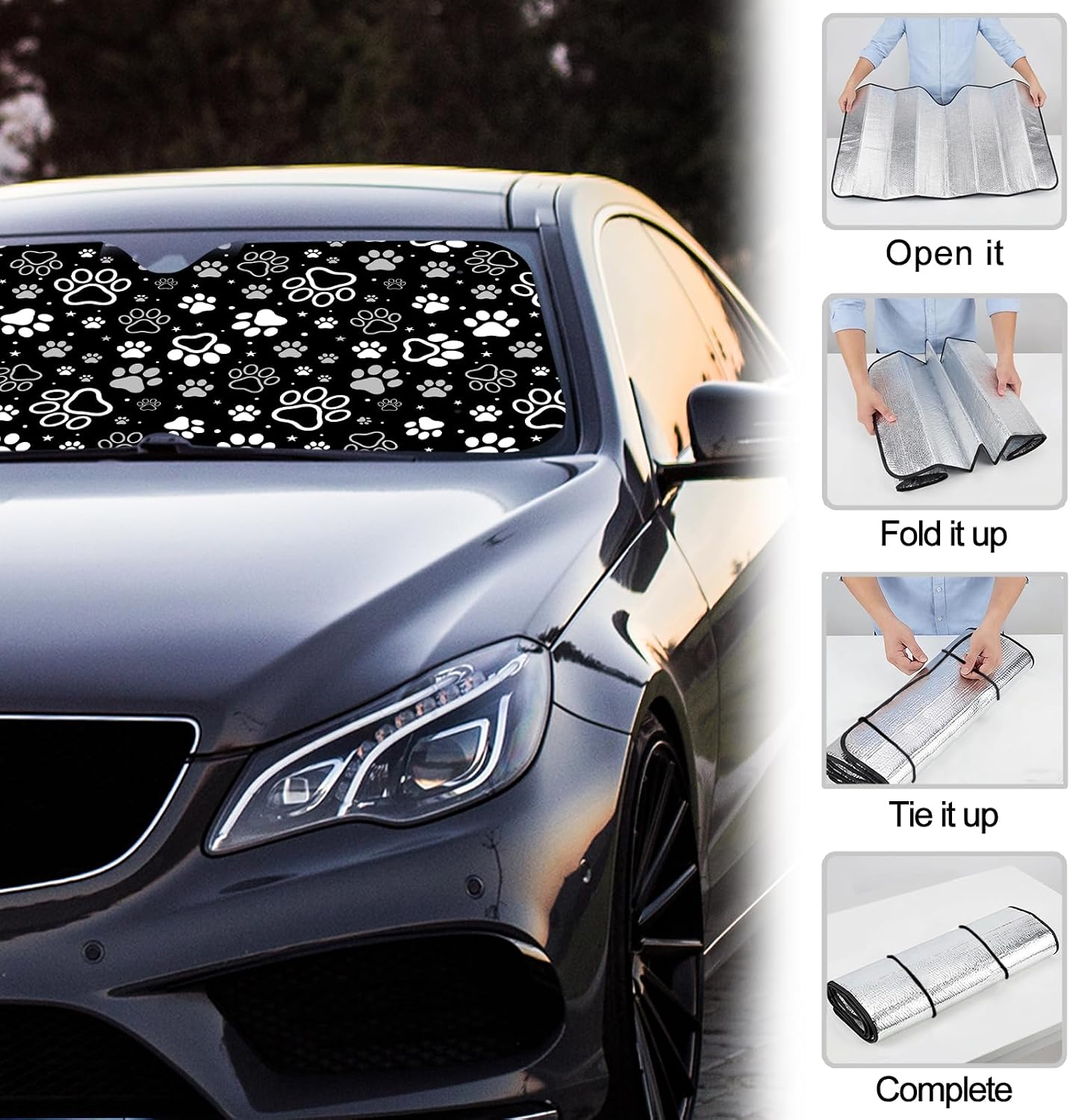 GLOBLELAND Dog Paws Windshield Sun Shade Black Front Window Car Sun Shade Blocks Heat UV Ray Reflector Sunshade for Car Interior Sedans Hatchbacks Truck SUV MPV