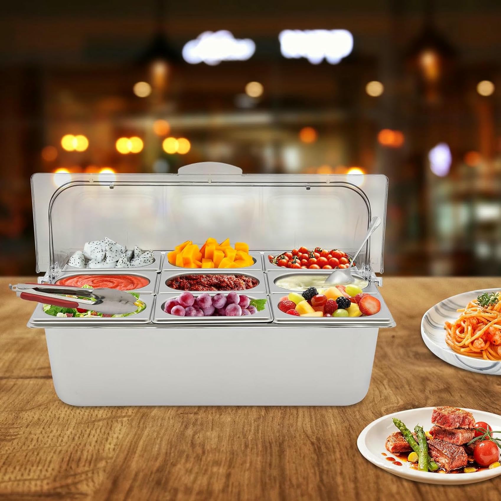 1 Set für Salatbar, Buffet-Station, Lebensmittel-Servierbehälter, Lebensmittel-Servierdisplay mit Deckel, kalte Speisen, Buffet-Servierer für Zuhause, Hotel, Einkaufszentrum~/