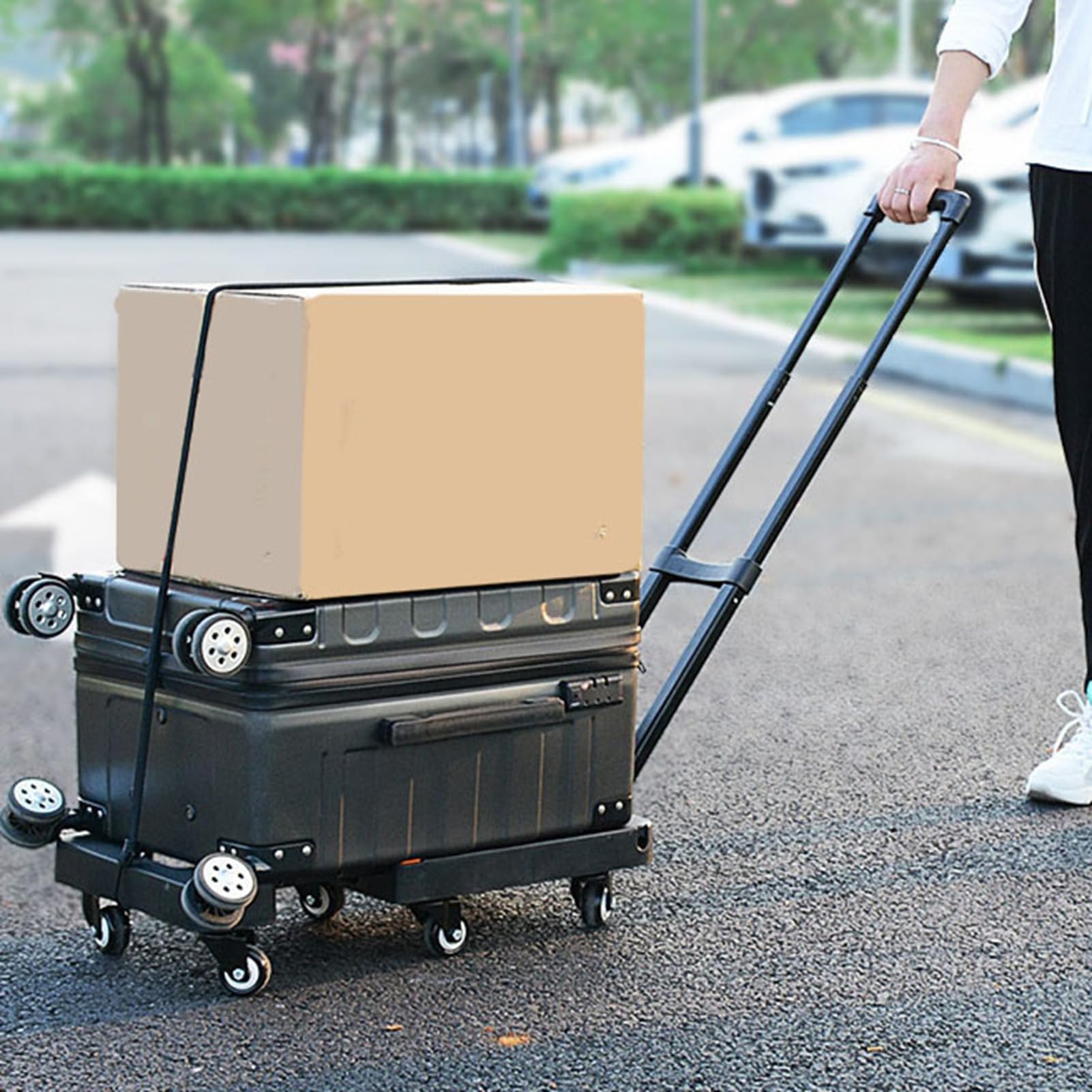 Cocoarm Carrello Pieghevole, Carrello a Pianale in ABS con 6 Ruote, capacità 500 Libbre, Piattaforma Allungabile da 17 a 22 Pollici, Freno e 2 Corde, a Mano Pieghevole per Bagagli da Viaggio,