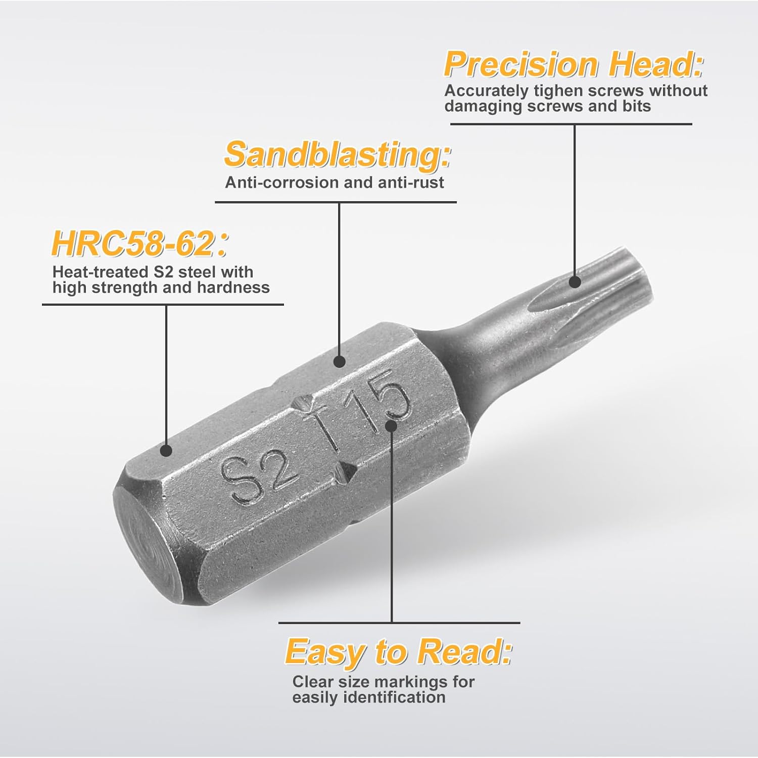 HARFINGTON 2pcs T15 Torx Screwdriver Bit 1/4" Hex Shank 25mm/1" Length S2 Steel Star 6 Point Head Hex Security Screw Driver Bits with Hole for Impact Electric Screw Driver Power Tools, Grey