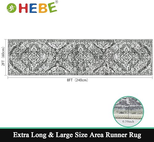 Miniatura 2 de HEBE - Alfombra de pasillo de 2 x 8 pies, lavable, vintage, envejecida, antideslizante, alfombra de lavandería, alfombra bohemia para pasillos,
