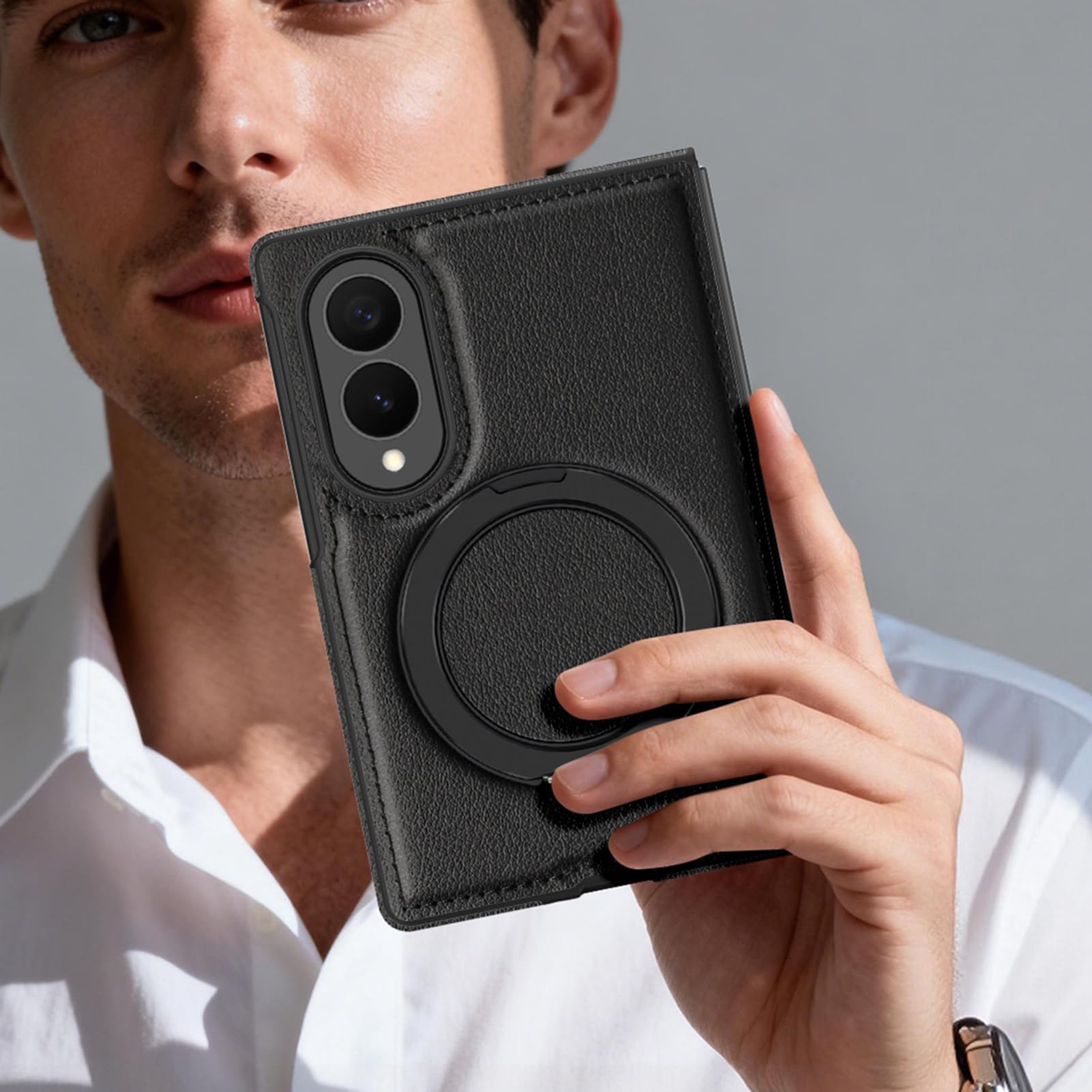 Funda De Cuero For Samsung Galaxy Z Fold 8, Soporte De Protección contra Caídas con Anillo Giratorio, Cubierta De Succión Magnética Montada En El Automóvil, Carcasa Delgada De Estilo(Orange)