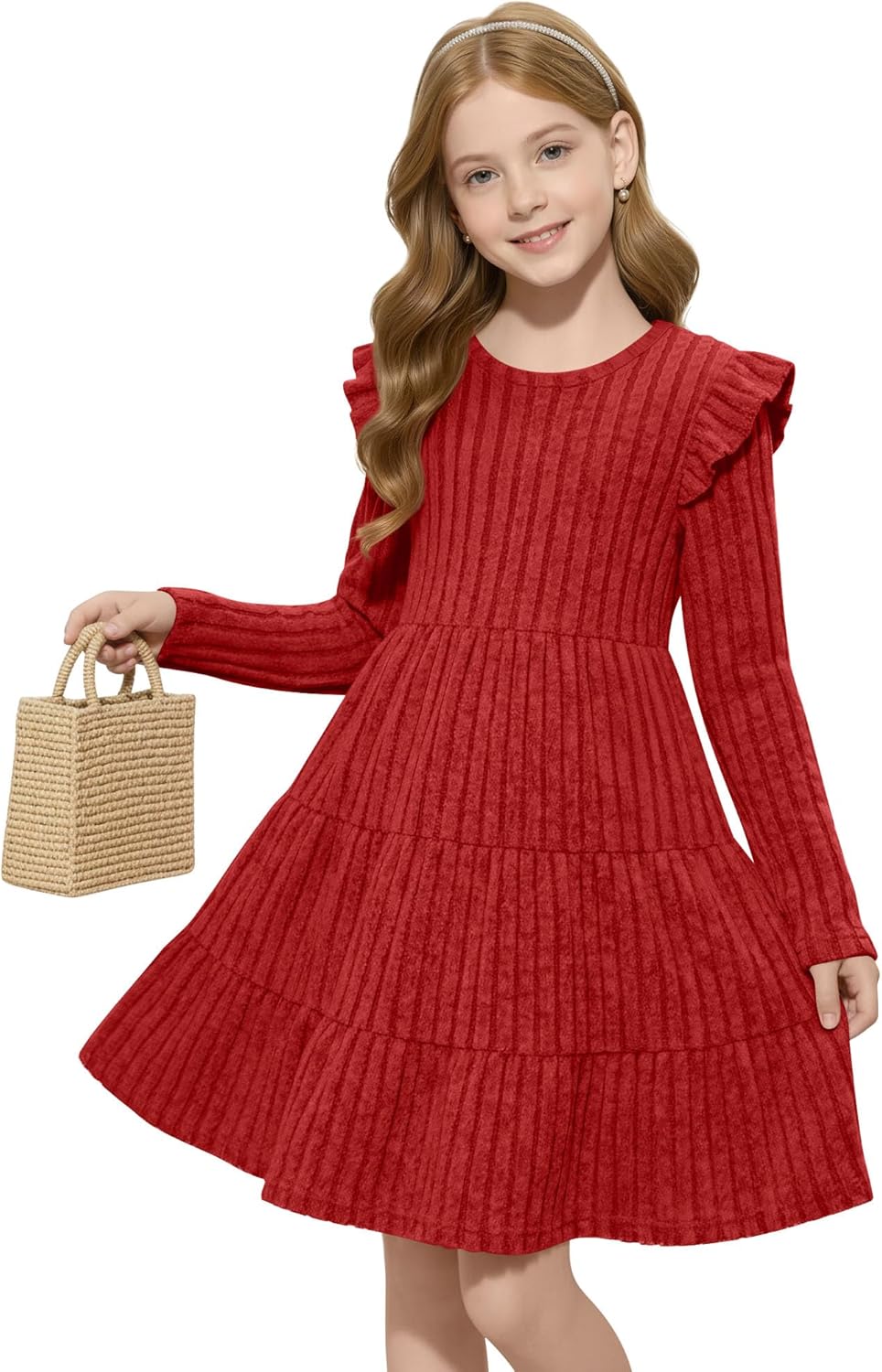 LessonZoo Toddler Girls' Ruffle Long Sleeve Dress Ribbed Knit Crew Neck Sweater Dresses Kids Fall Winter Clothes