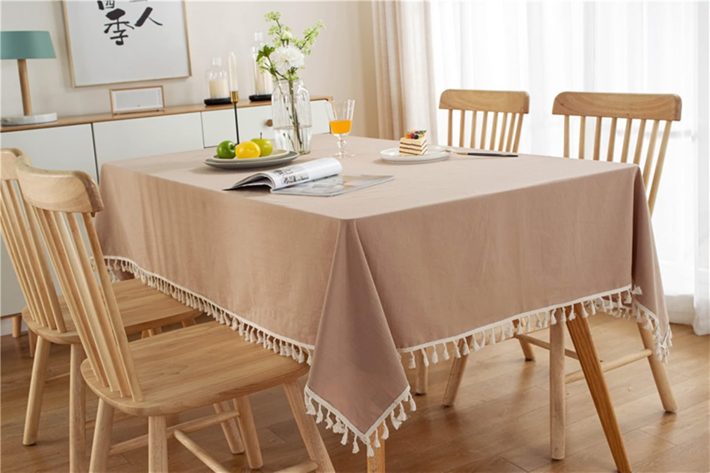 Tovaglia Cotone, Tovaglia Festa Beige Giallo Tinta Unita con Nappa Copritavolo 140X200CM per Soggiorno Cucina