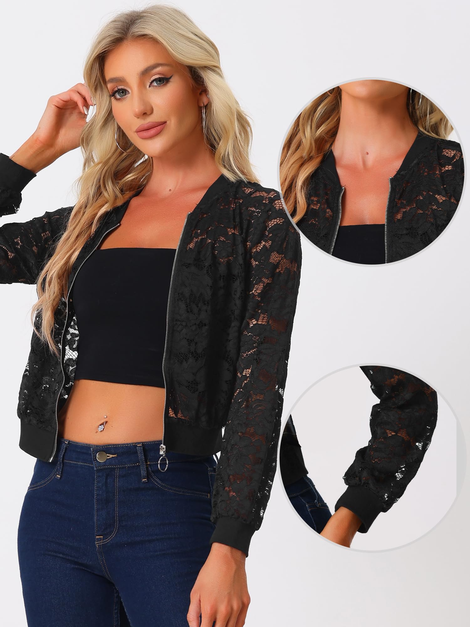 Allegra K Donna Giacche In Pizzo Per Giacca Bomber Trasparente In Rete Con Zip E Colletto Rialzato